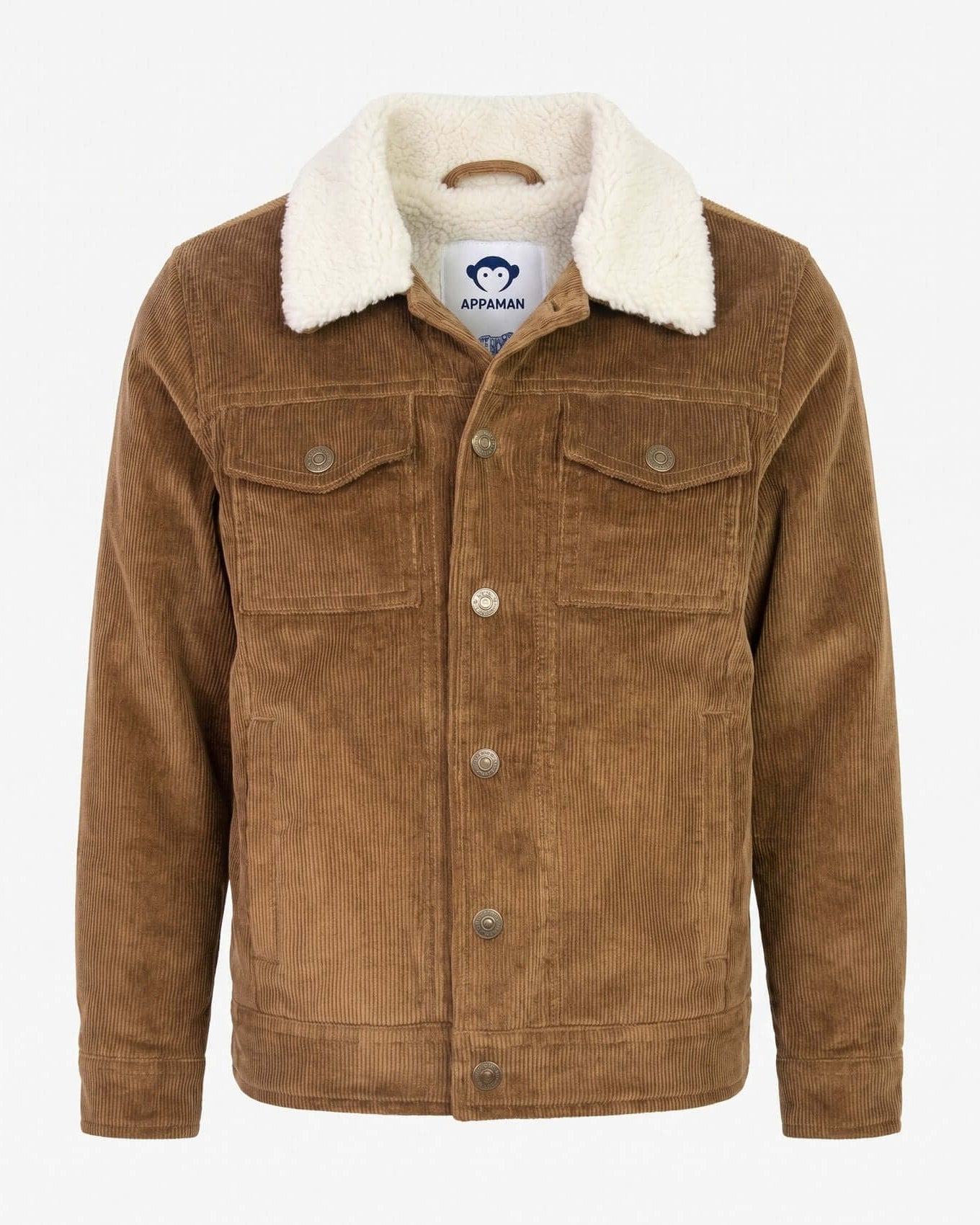 Brown corduroy jacket with white sherpa lining on a white background