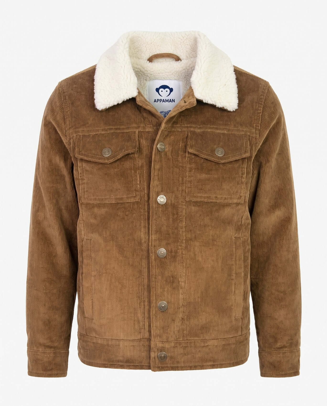 Brown corduroy jacket with white sherpa lining on a white background