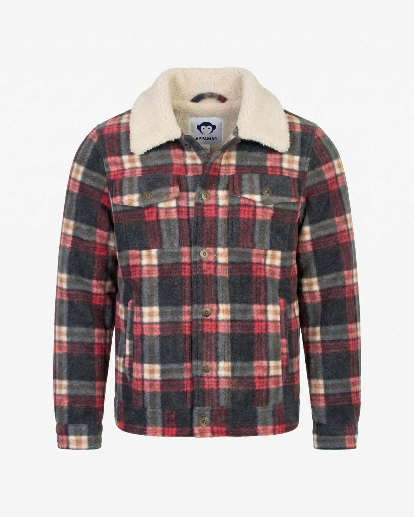 Plaid jacket with white collar on a light gray background