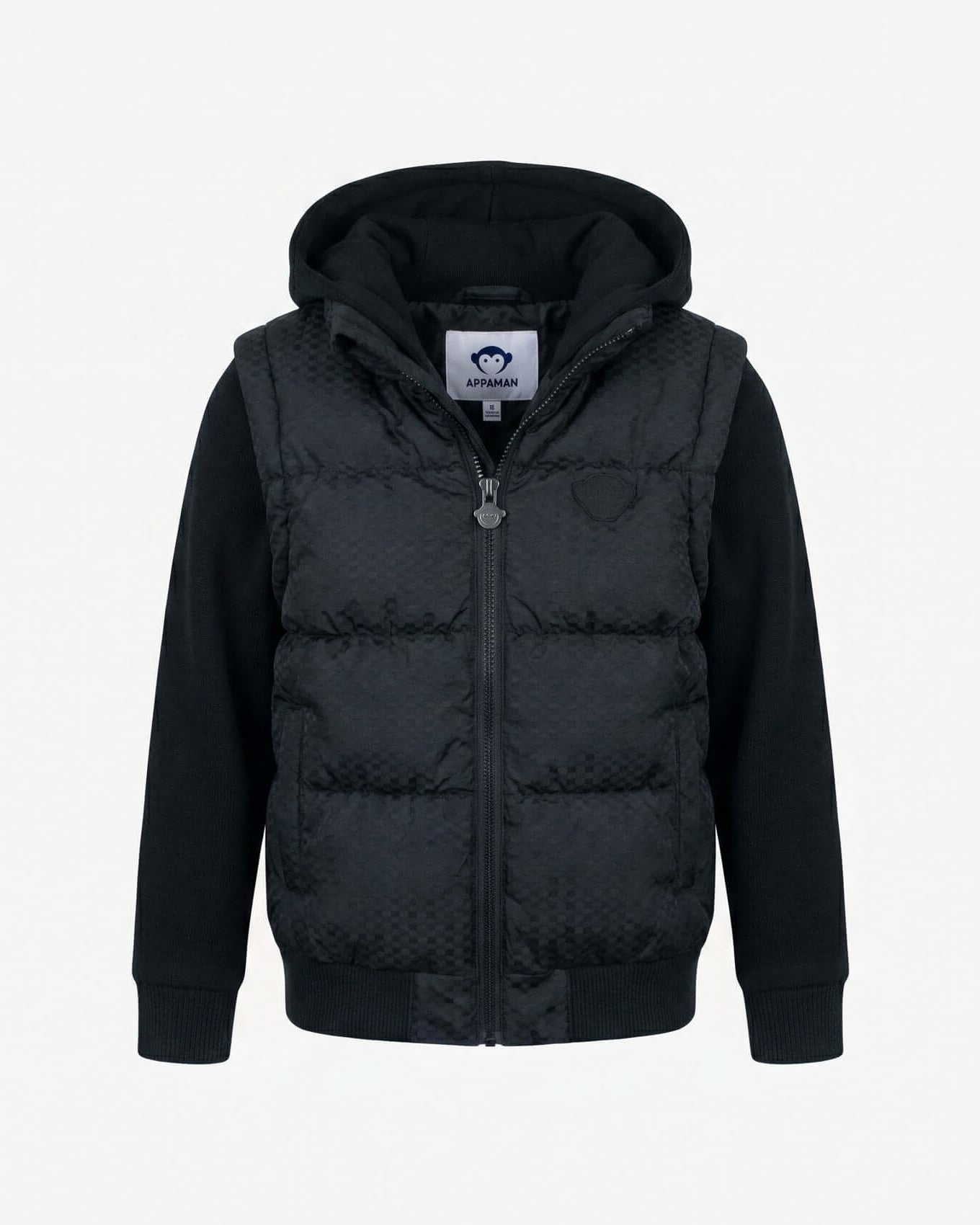 Black puffer vest with a brand label on a light gray background