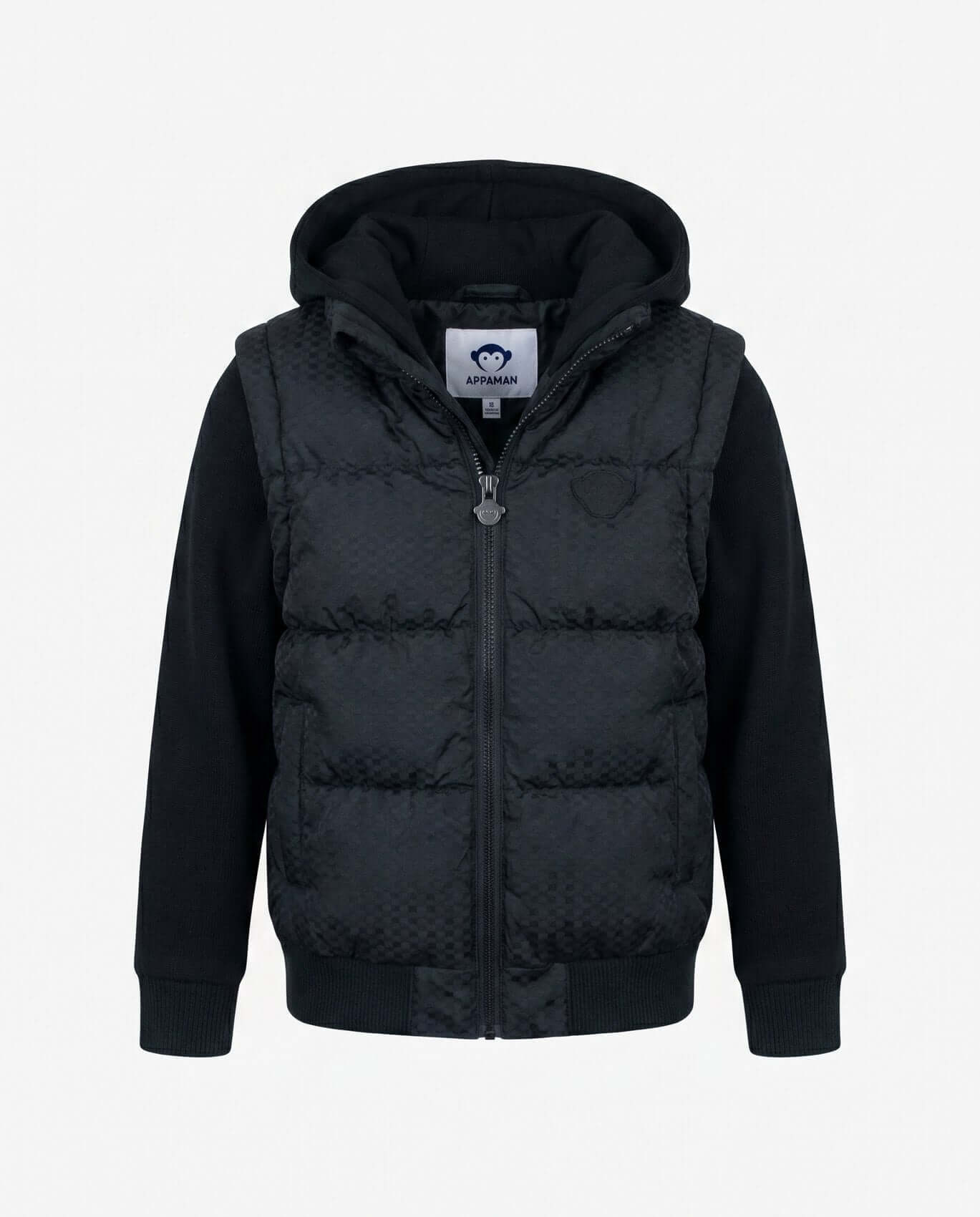 Black puffer vest with a brand label on a light gray background