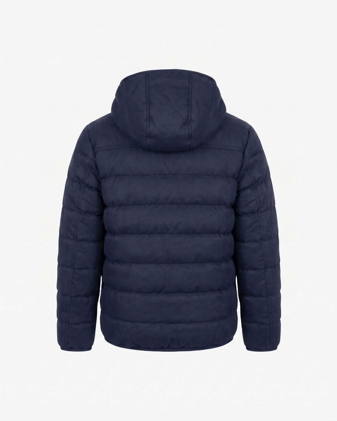 Navy blue puffer jacket with a hood on a light gray background