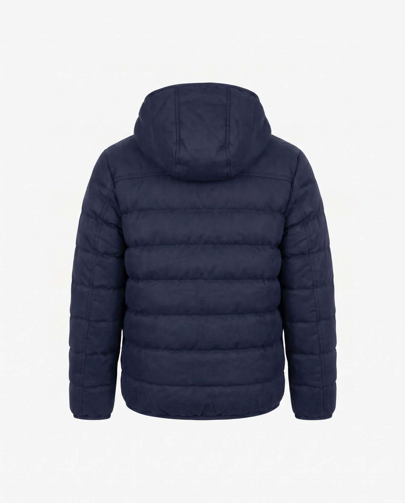 Navy blue puffer jacket with a hood on a light gray background