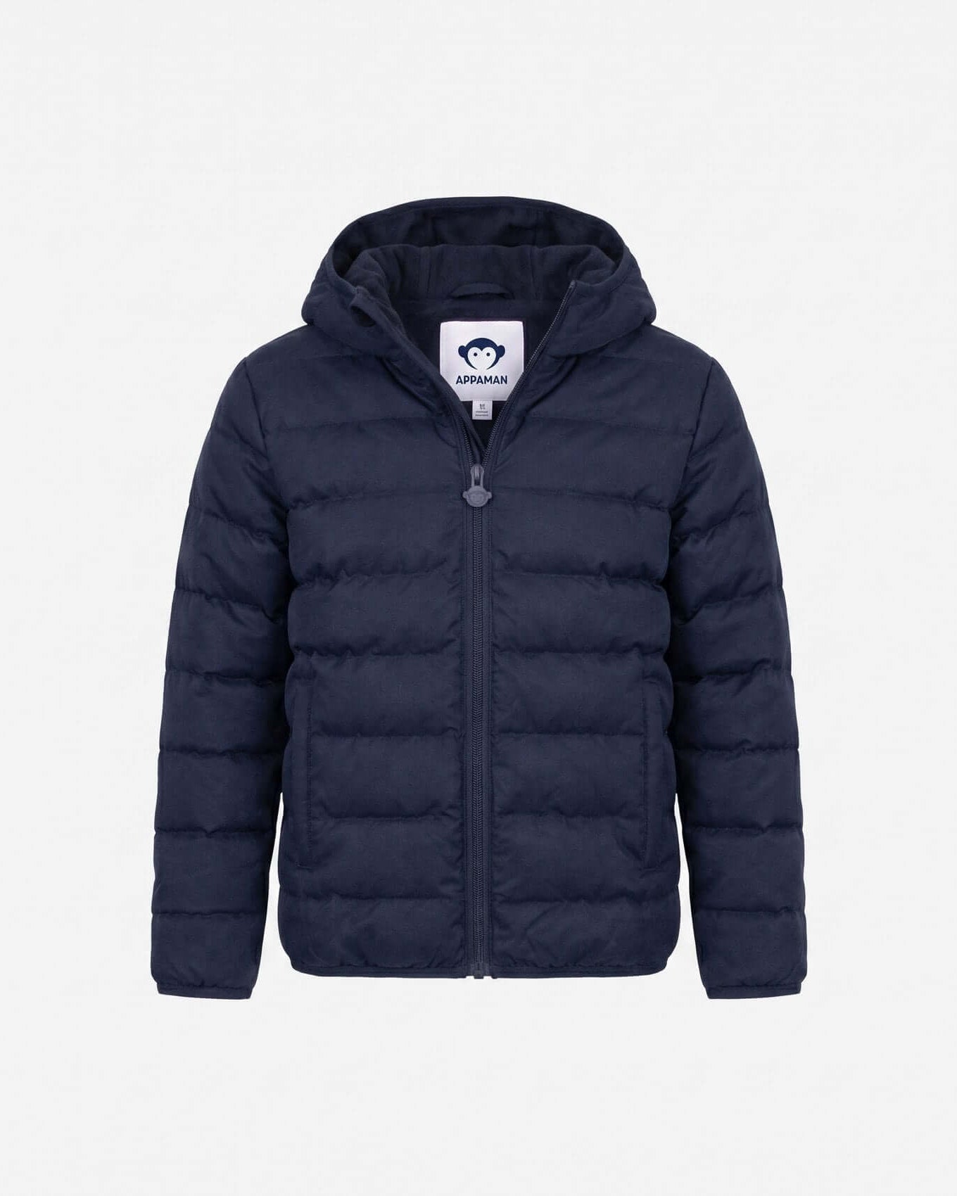 Navy blue puffer jacket with a brand label on a light gray background