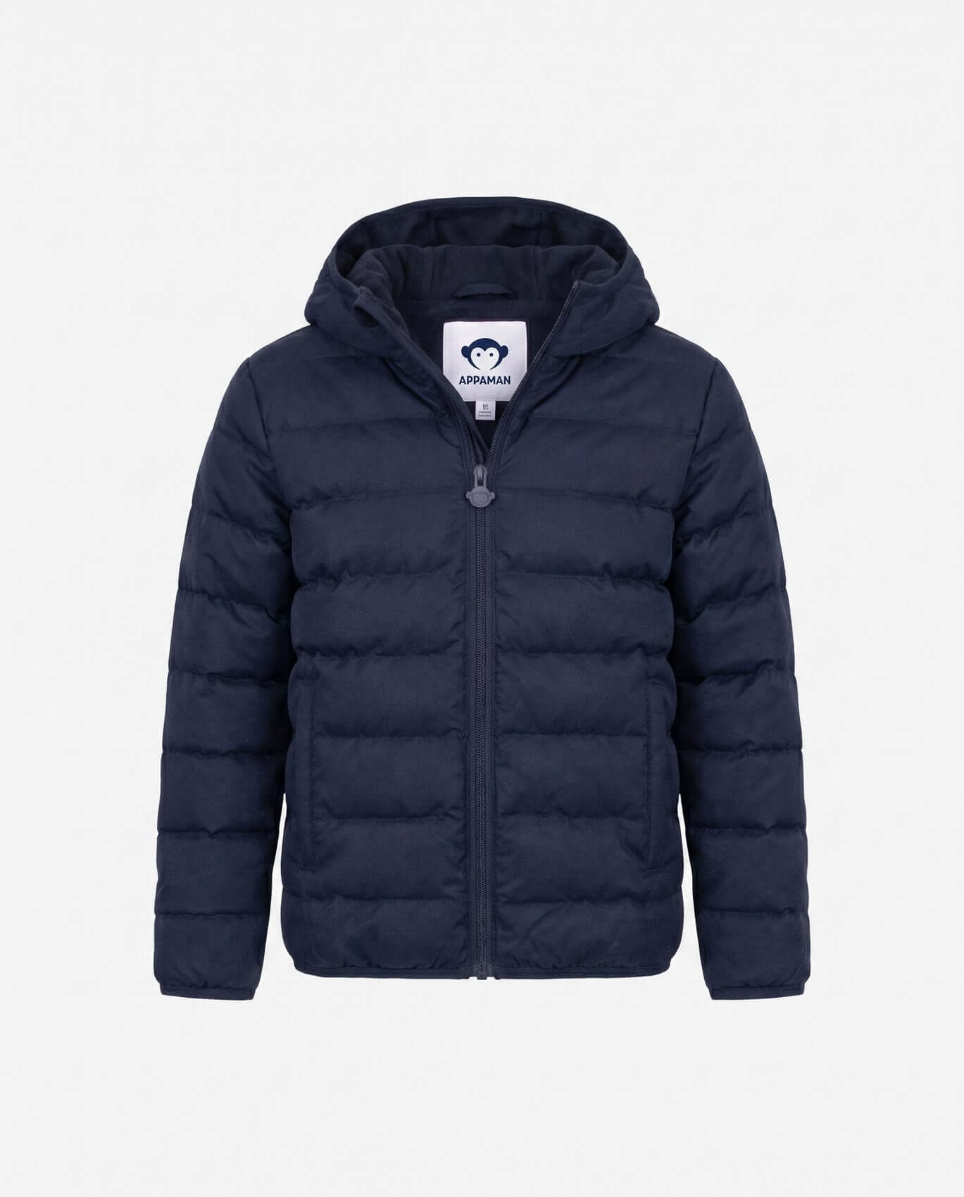 Navy blue puffer jacket with a brand label on a light gray background