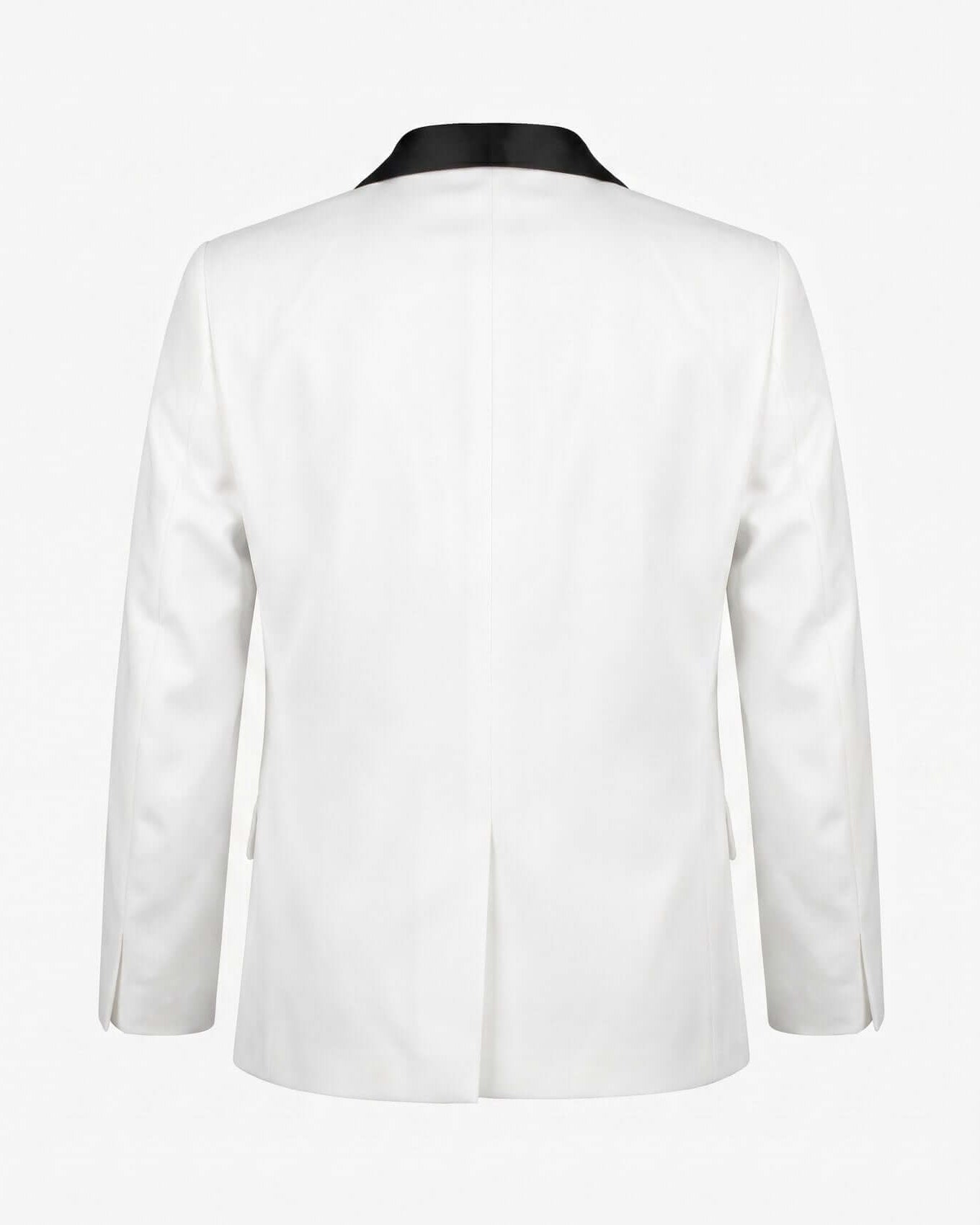 White tuxedo jacket with black lapels on a white background