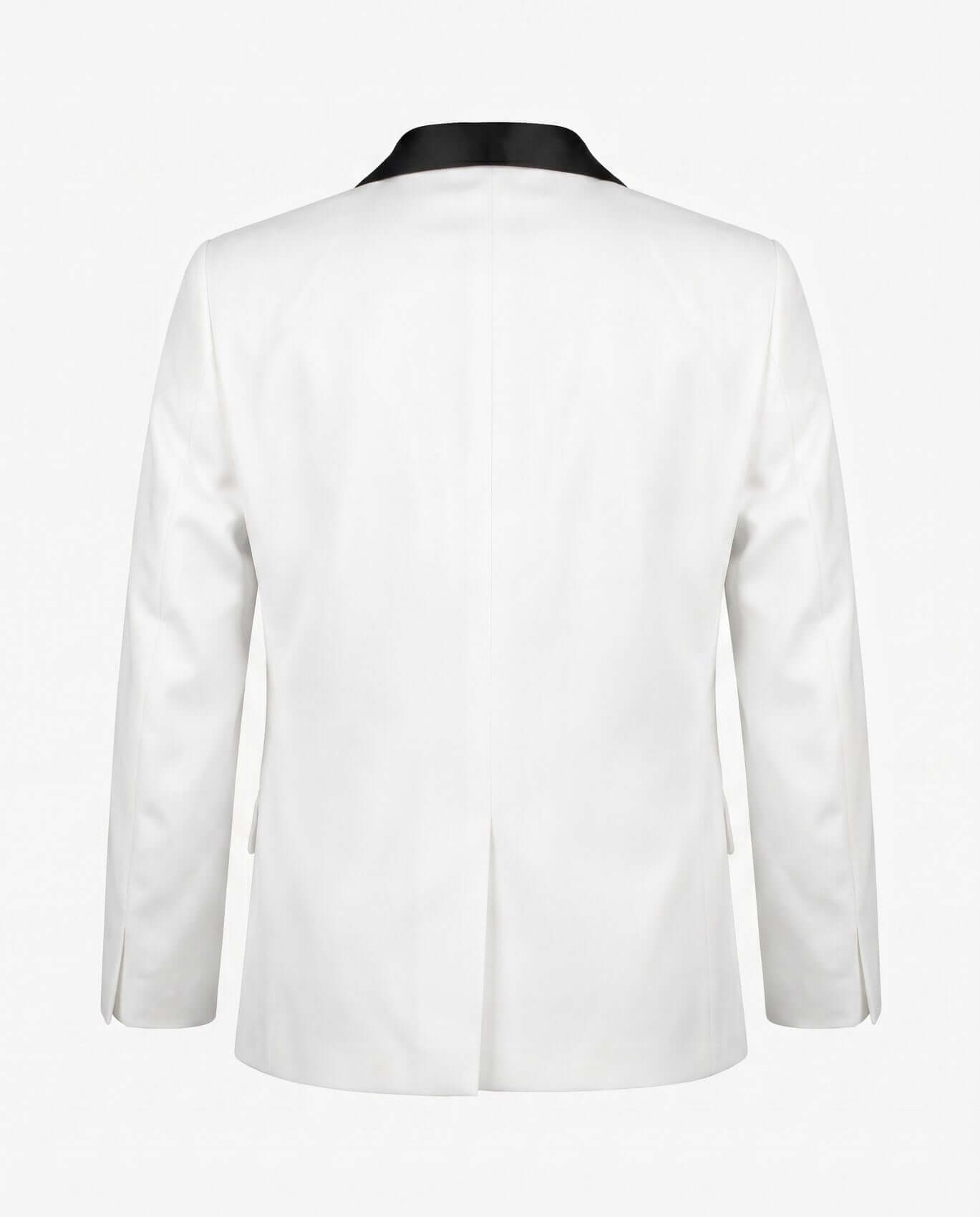 White tuxedo jacket with black lapels on a white background