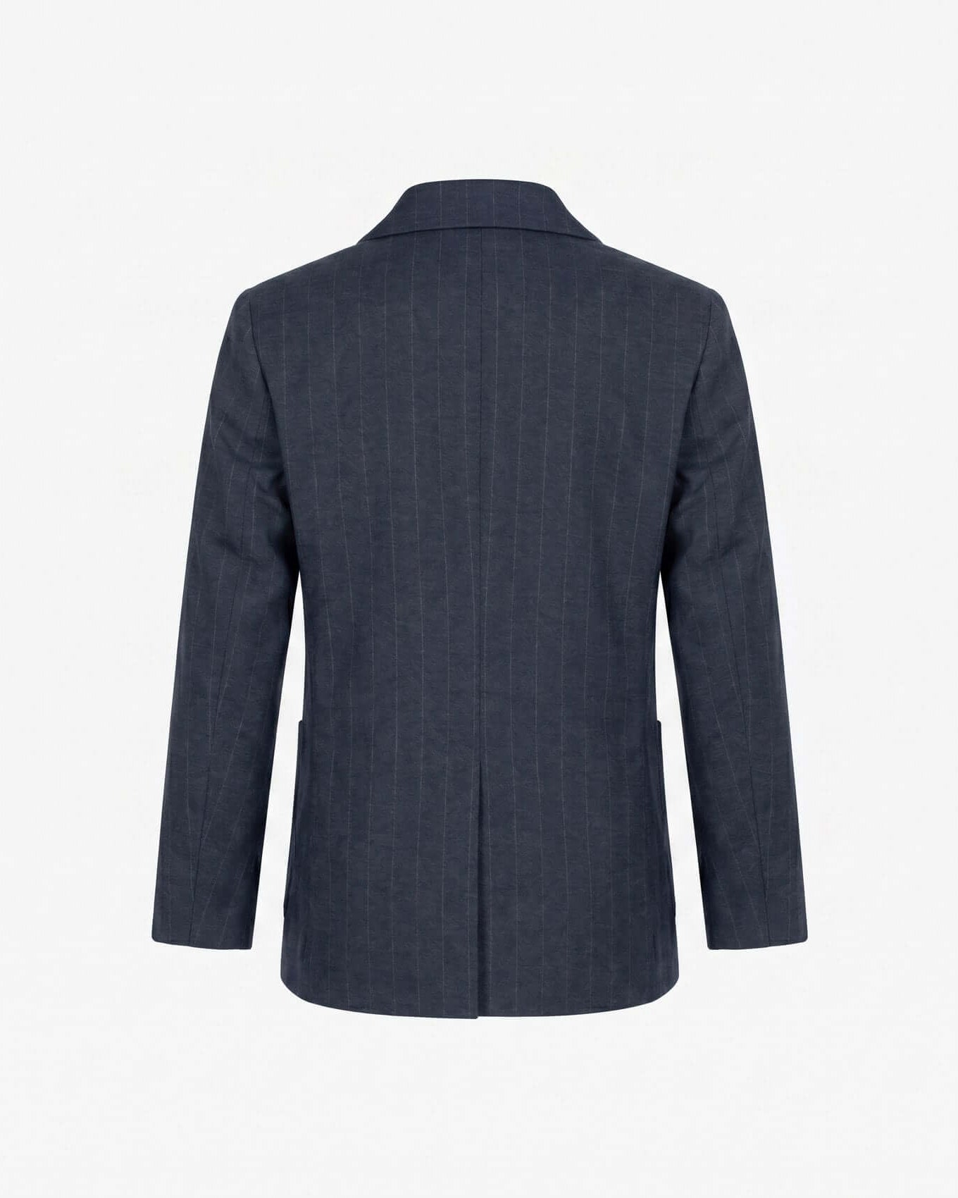 Back view of a gray suit jacket on a white background