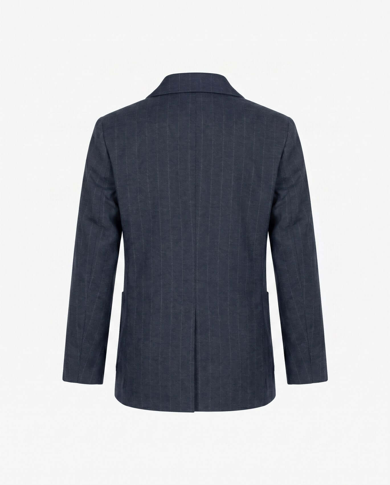 Back view of a gray suit jacket on a white background
