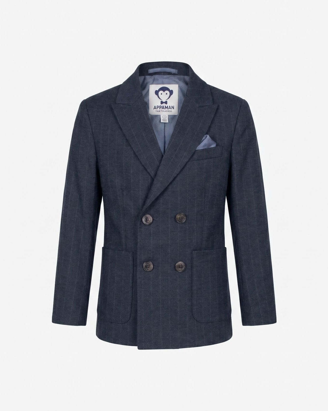 Blue blazer with a brand label on a white background