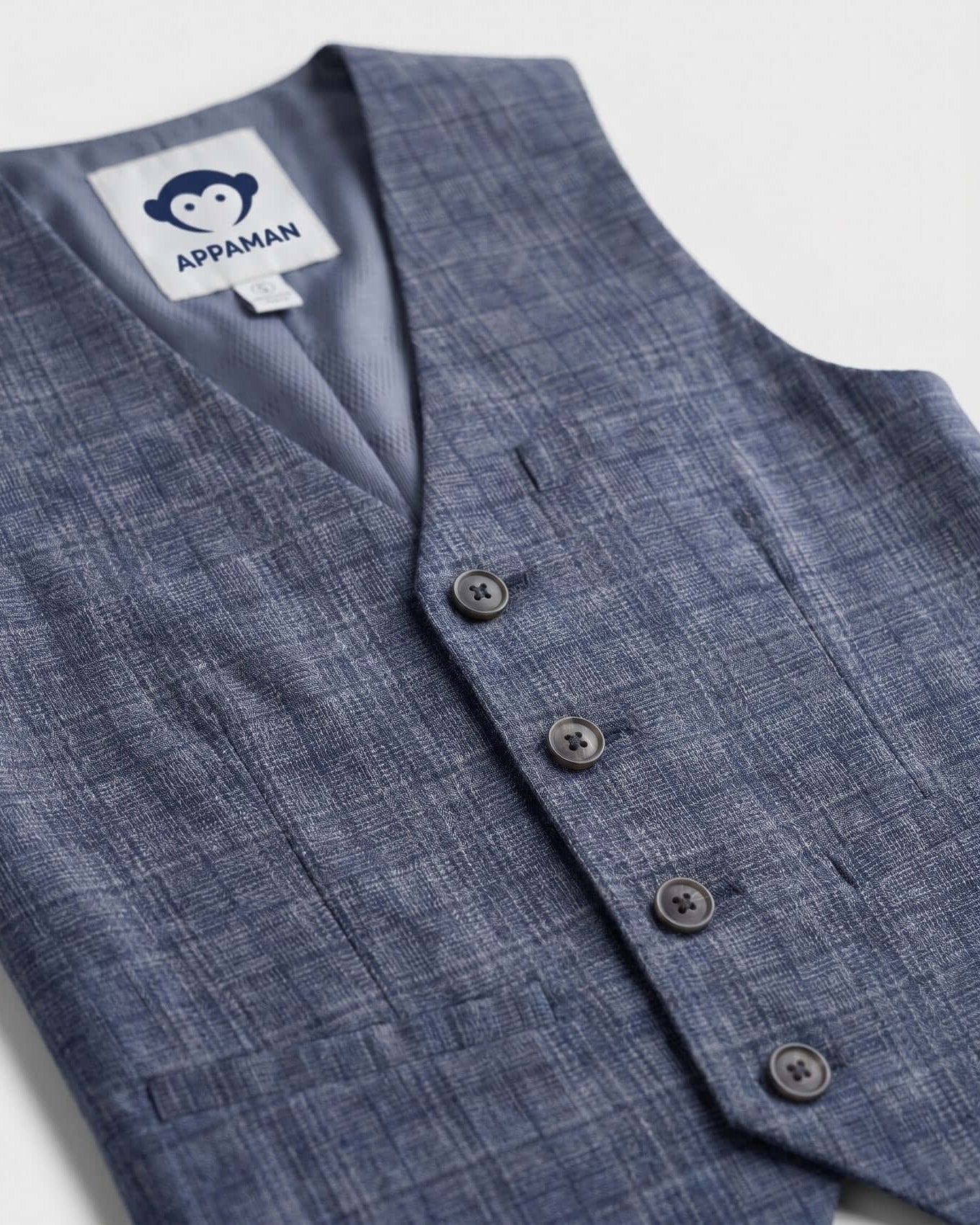 Blue checkered vest with buttons on a white background, featuring Appaman brand label.