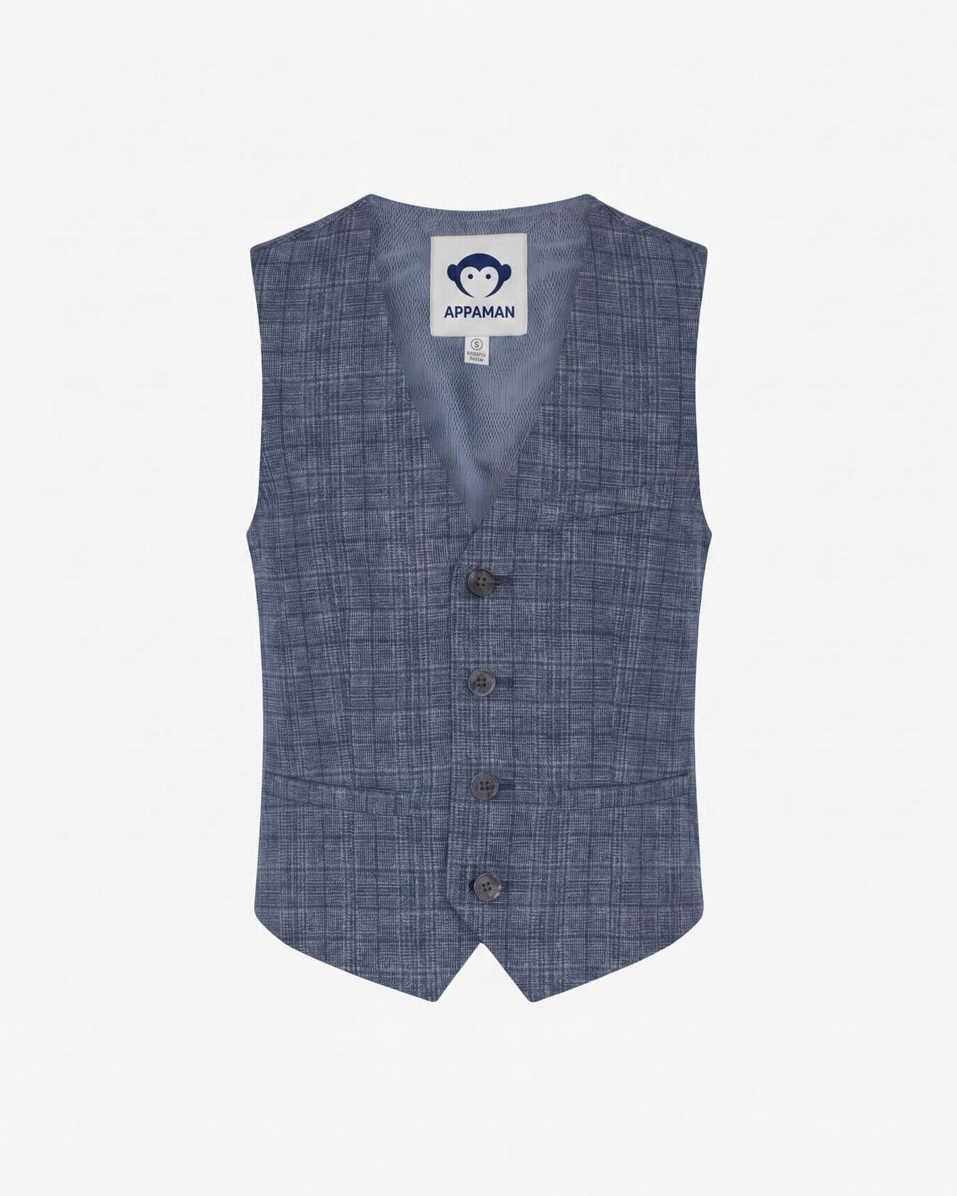 Blue checkered vest with Appaman label on a white background