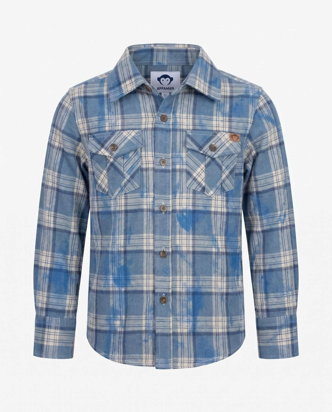 Blue and white plaid shirt on a light gray background