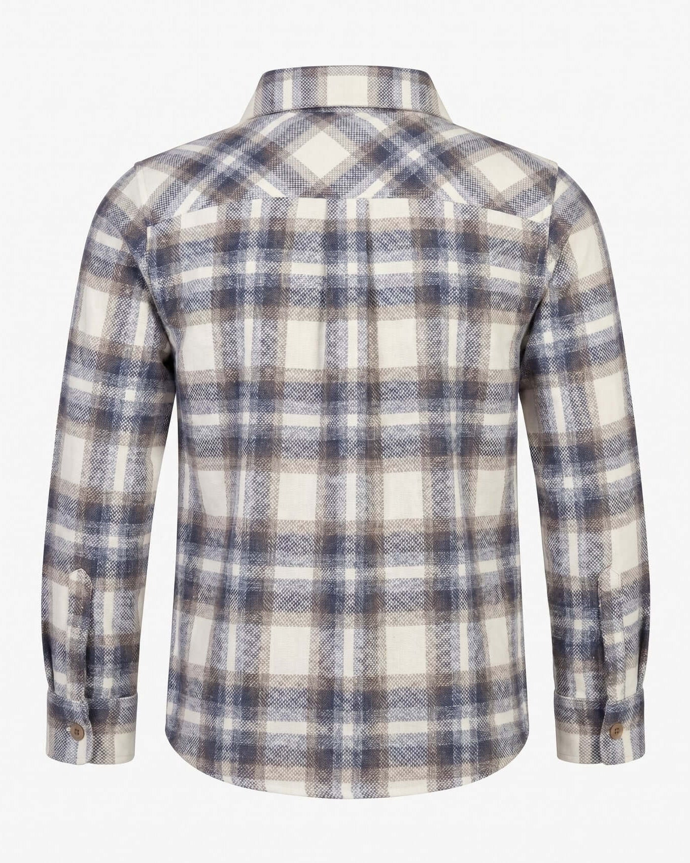 Plaid shirt with blue and beige pattern on a white background
