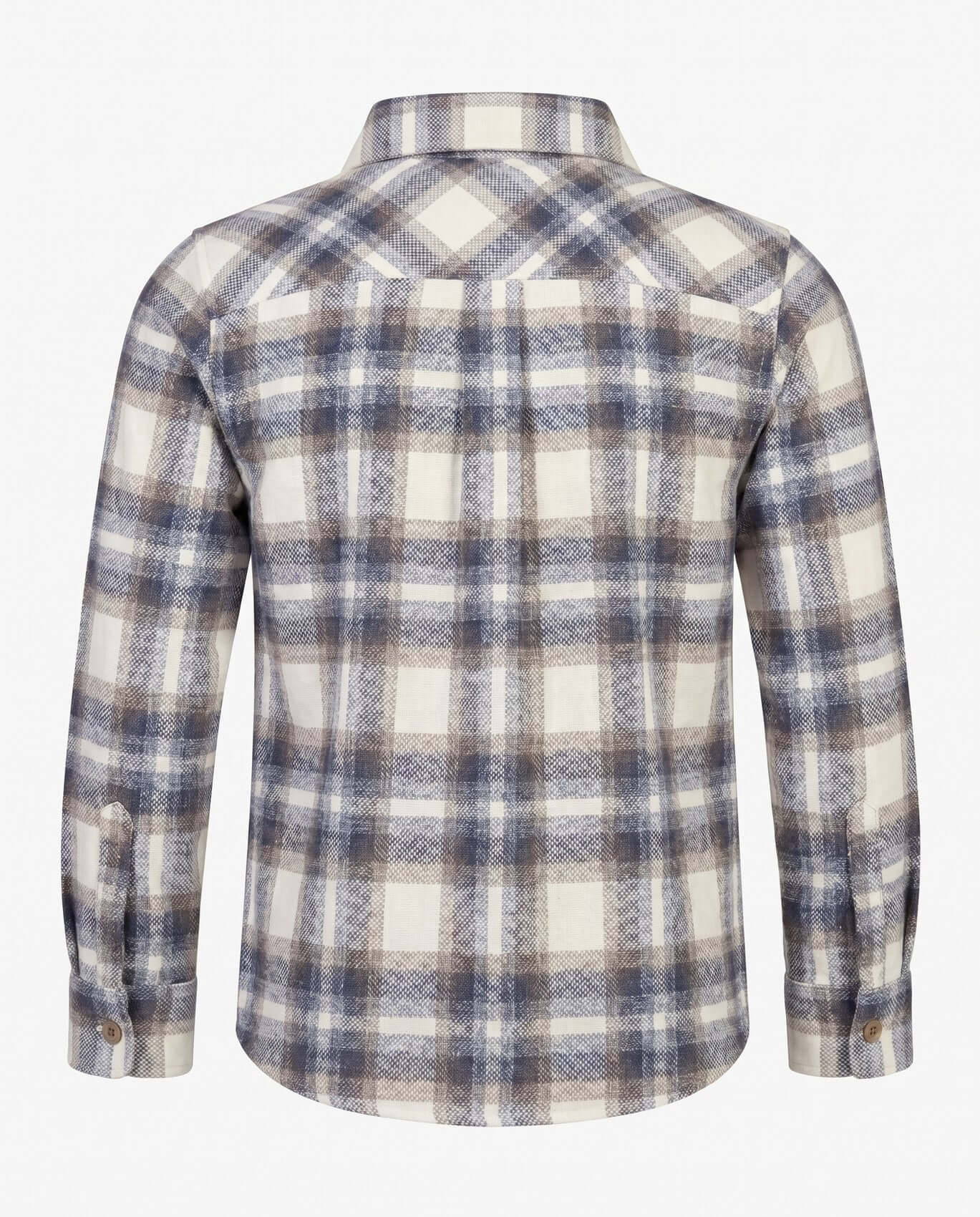 Plaid shirt with blue and beige pattern on a white background