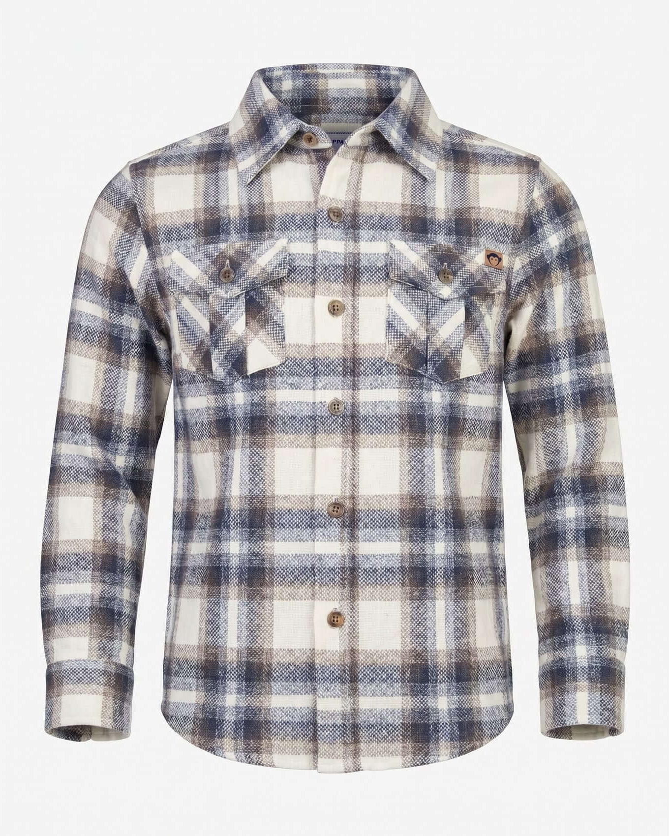 Plaid shirt with blue and white pattern on a light gray background