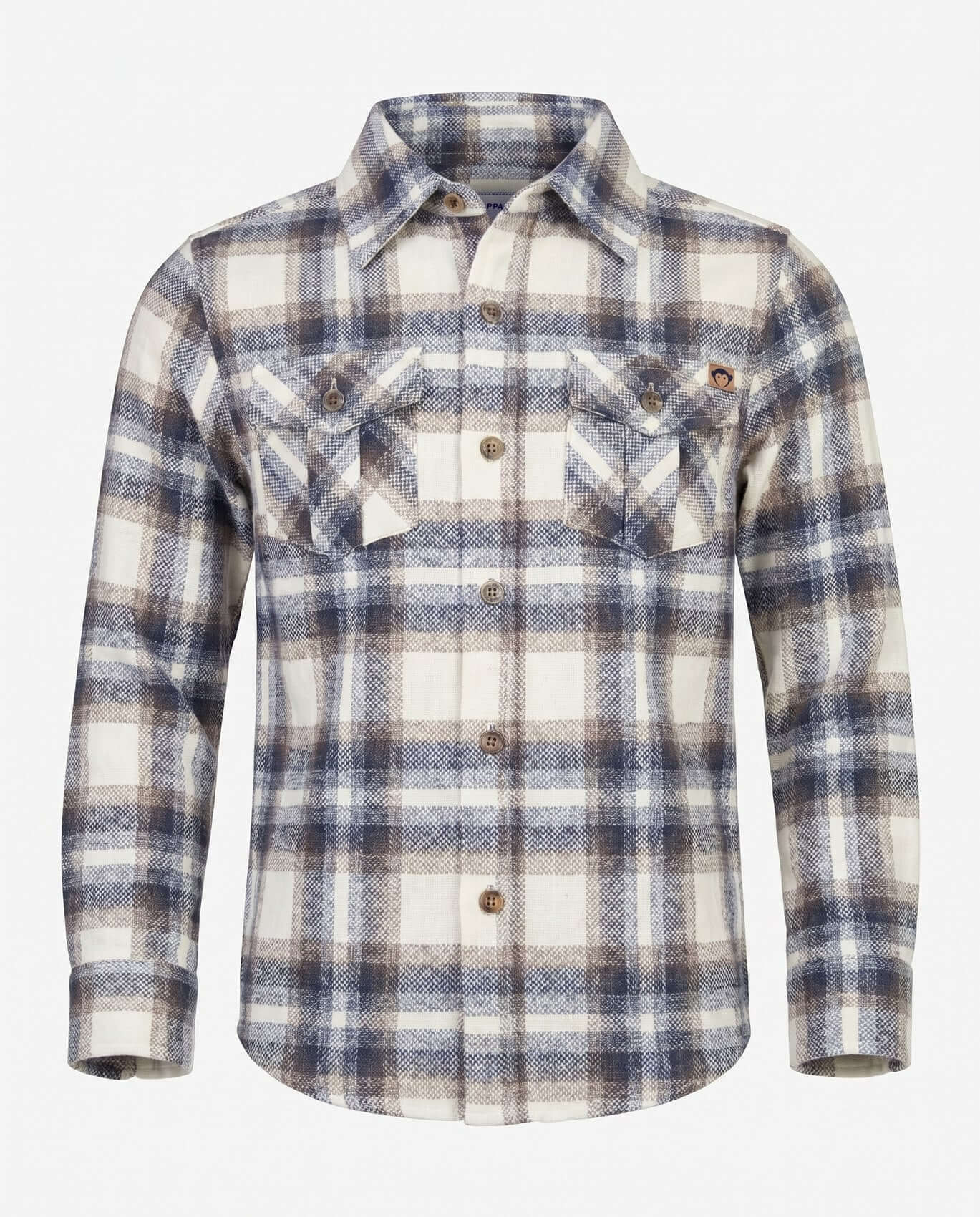 Plaid shirt with blue and white pattern on a light gray background