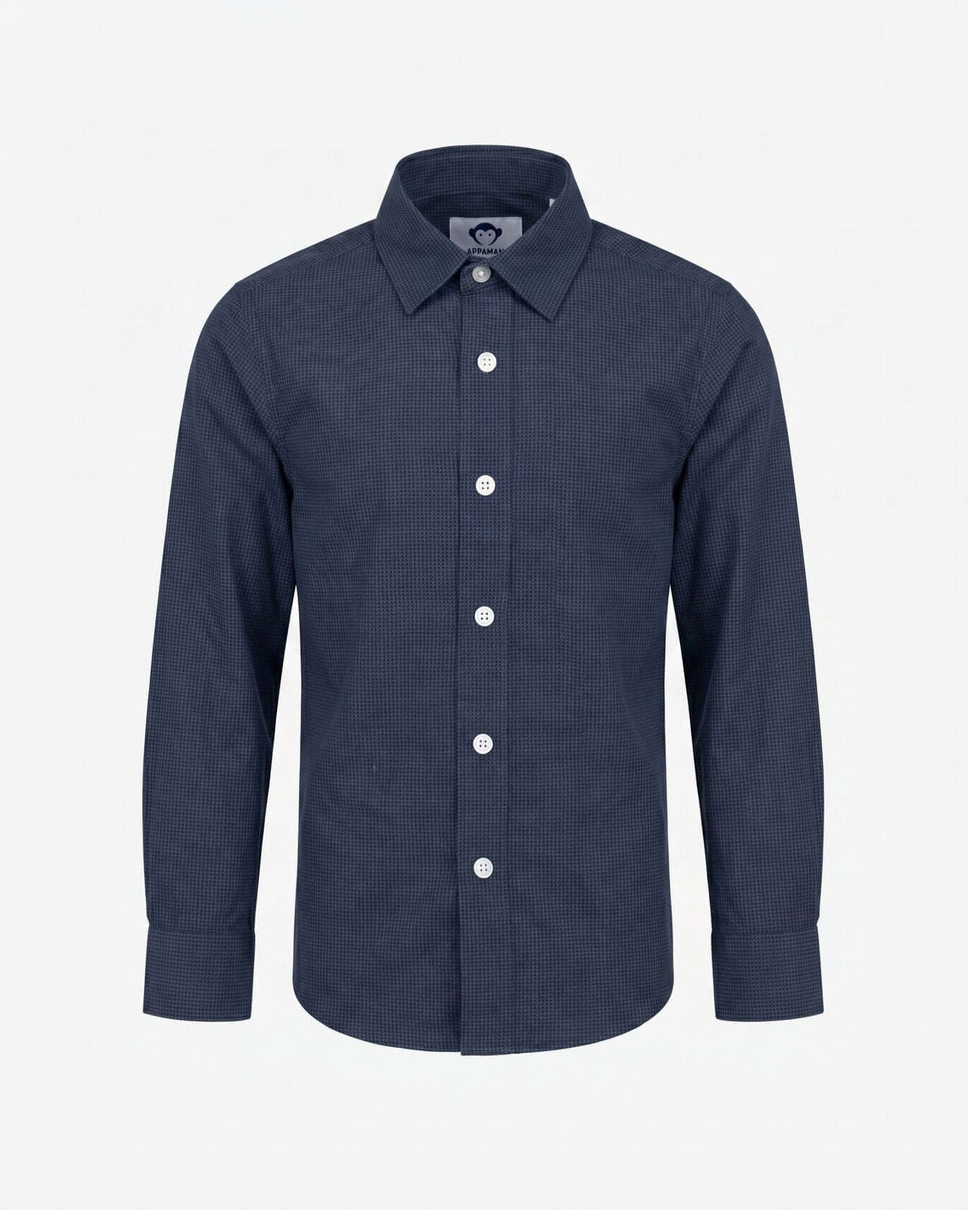 Navy blue checkered shirt on a light gray background