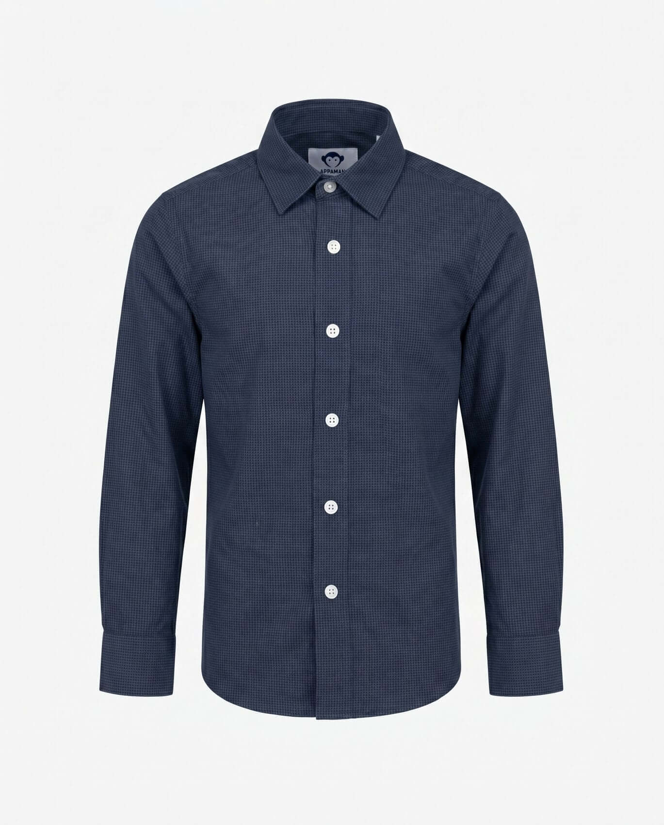 Navy blue checkered shirt on a light gray background