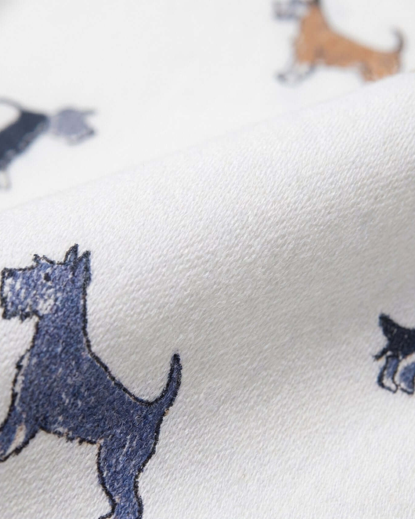 Pattern of blue dogs on a white fabric background