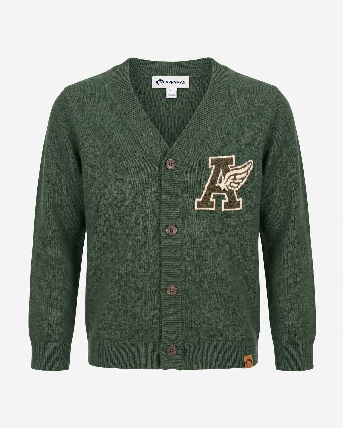Green cardigan with a logo on a white background