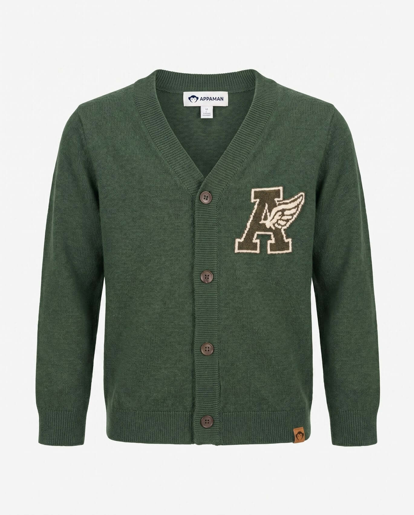 Green cardigan with a logo on a white background