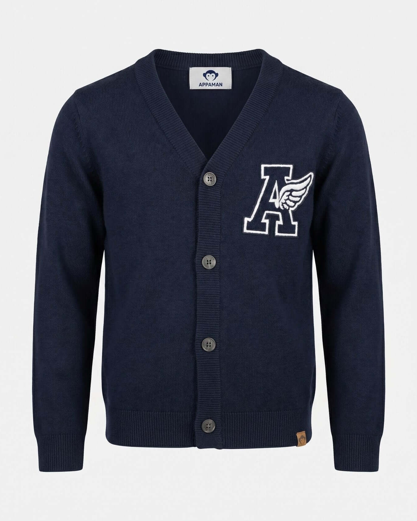 Navy blue cardigan with a logo on a white background
