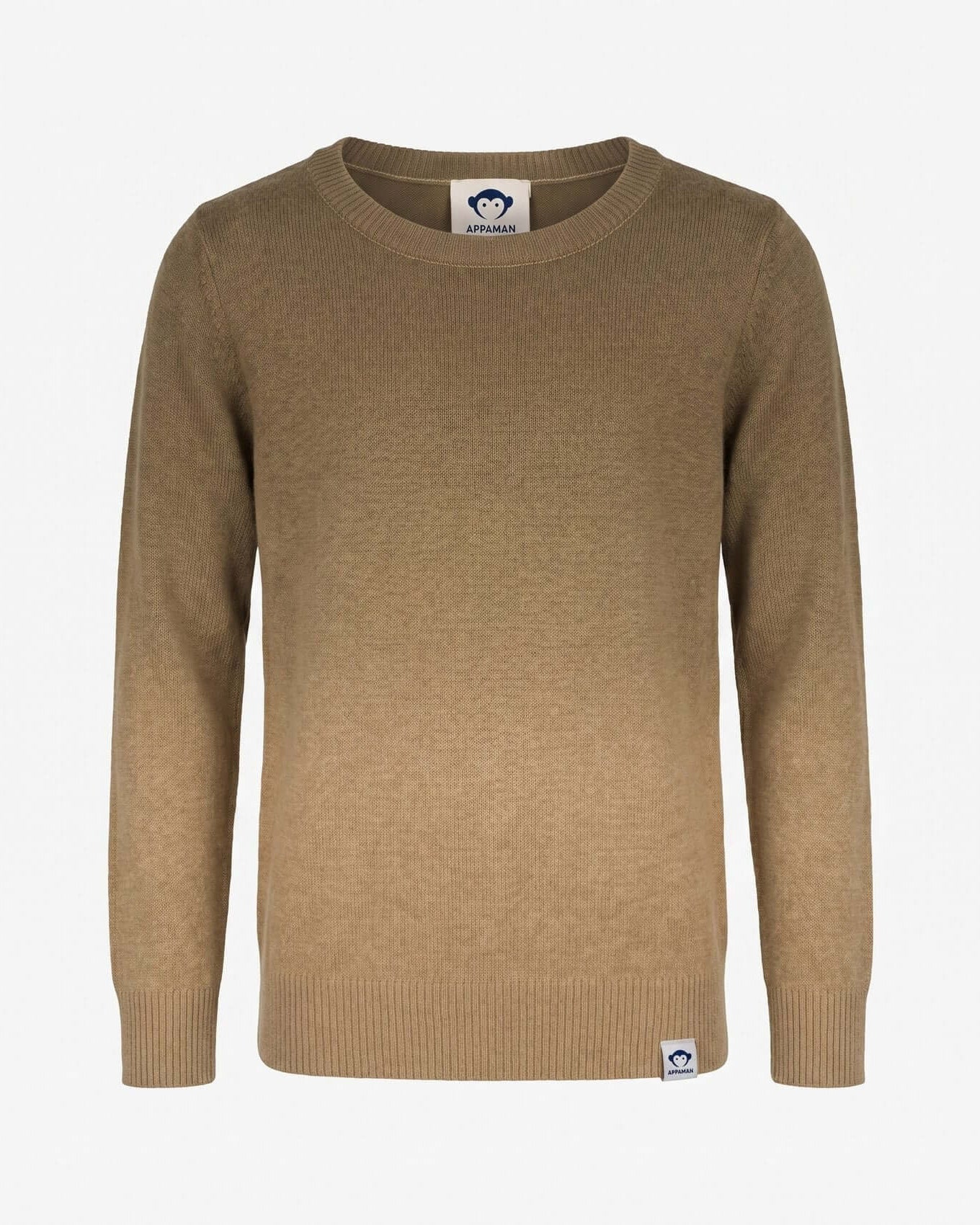 Brown sweater with a brand label on a white background