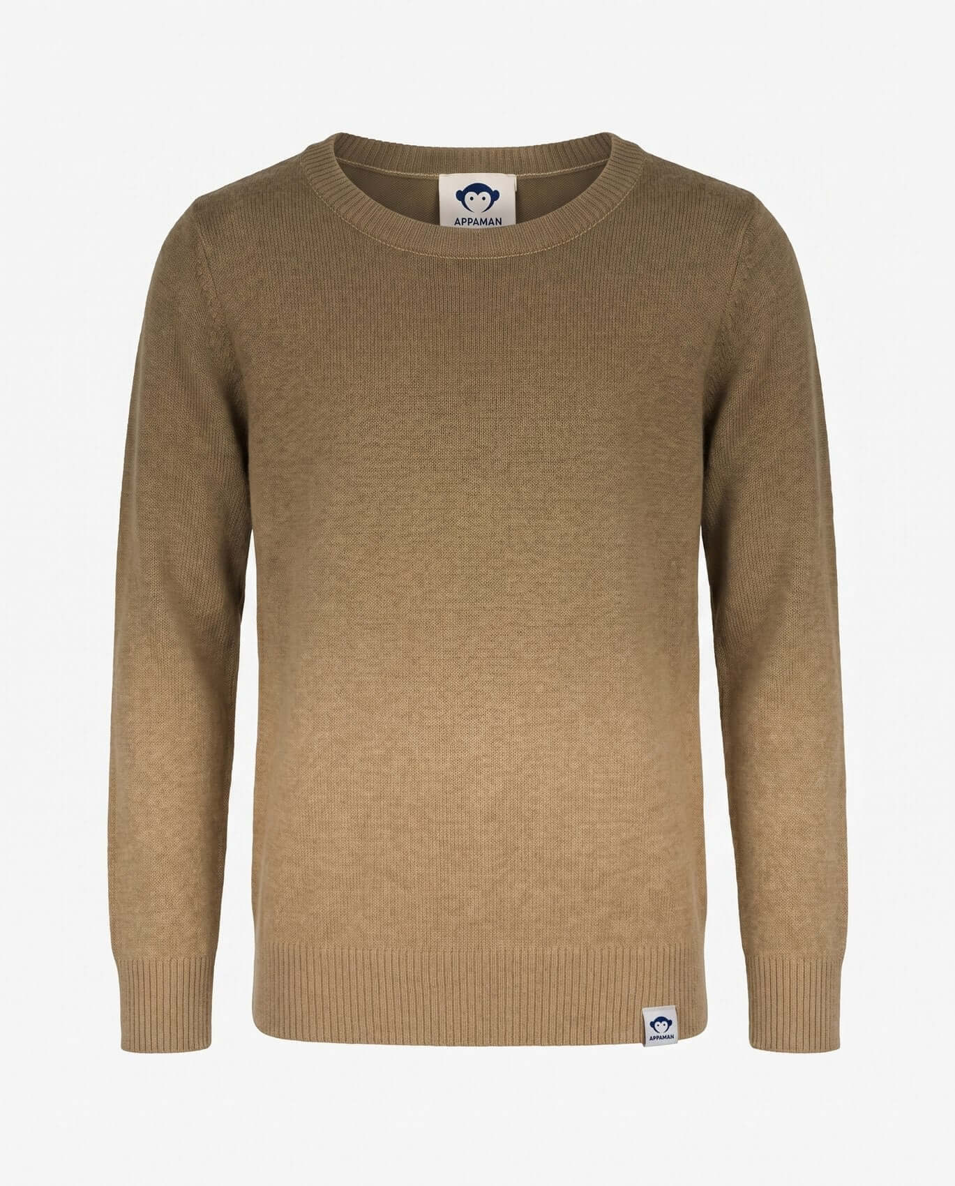 Brown sweater with a brand label on a white background