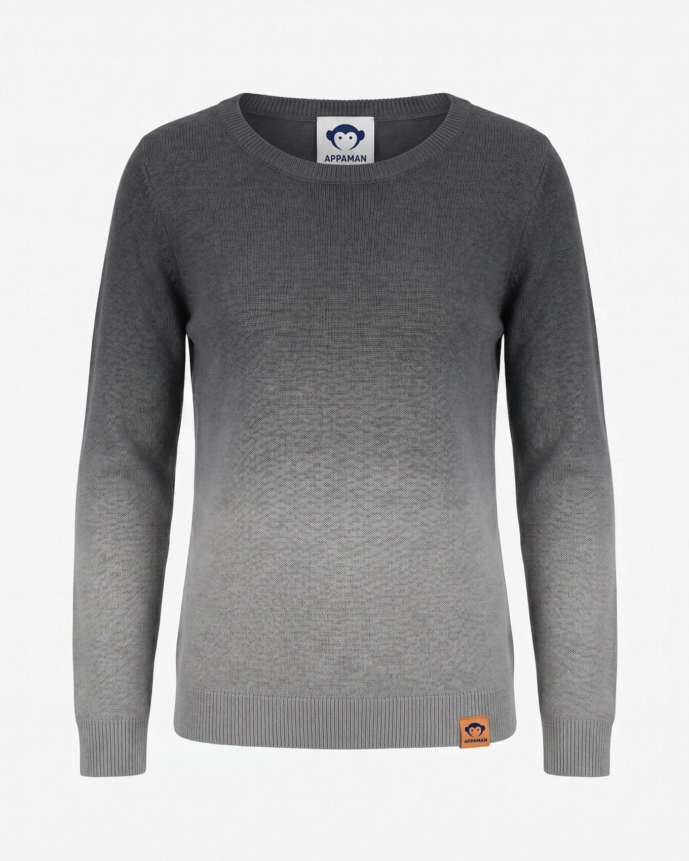 Gray sweater with brand label on a light gray background