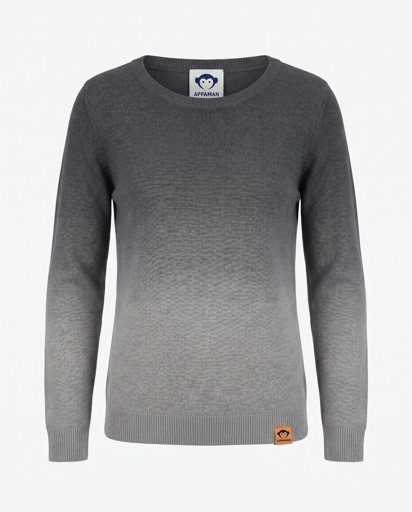 Gray sweater with brand label on a light gray background