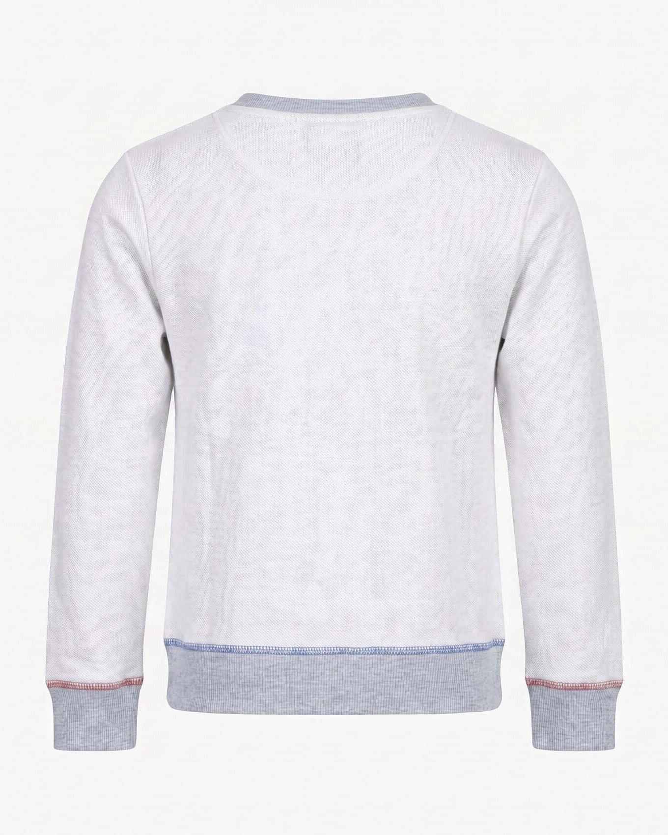 Light gray sweatshirt with blue trim on a white background