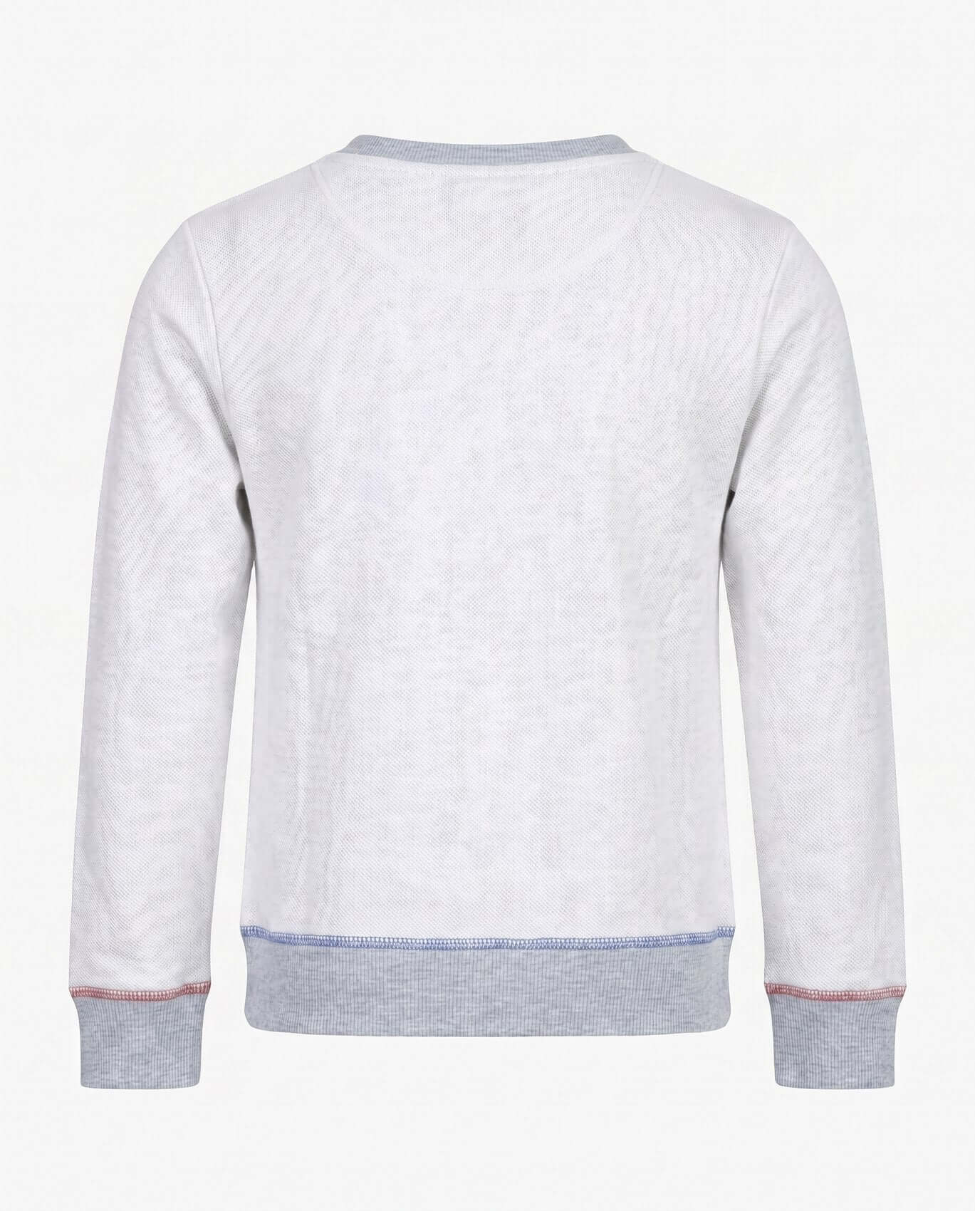 Light gray sweatshirt with blue trim on a white background