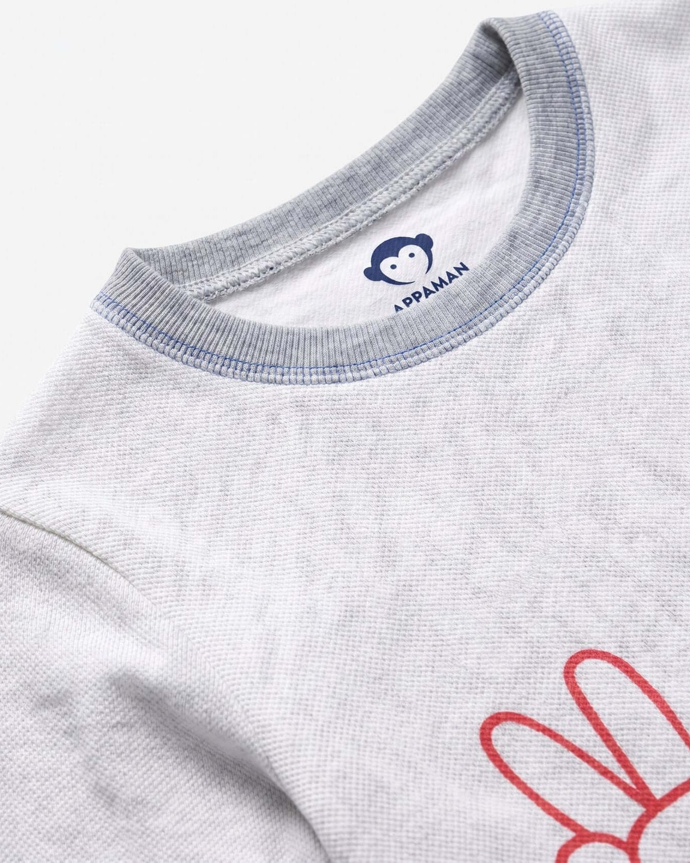 Close-up of a gray shirt with a red bunny design and Appaman logo on a white background