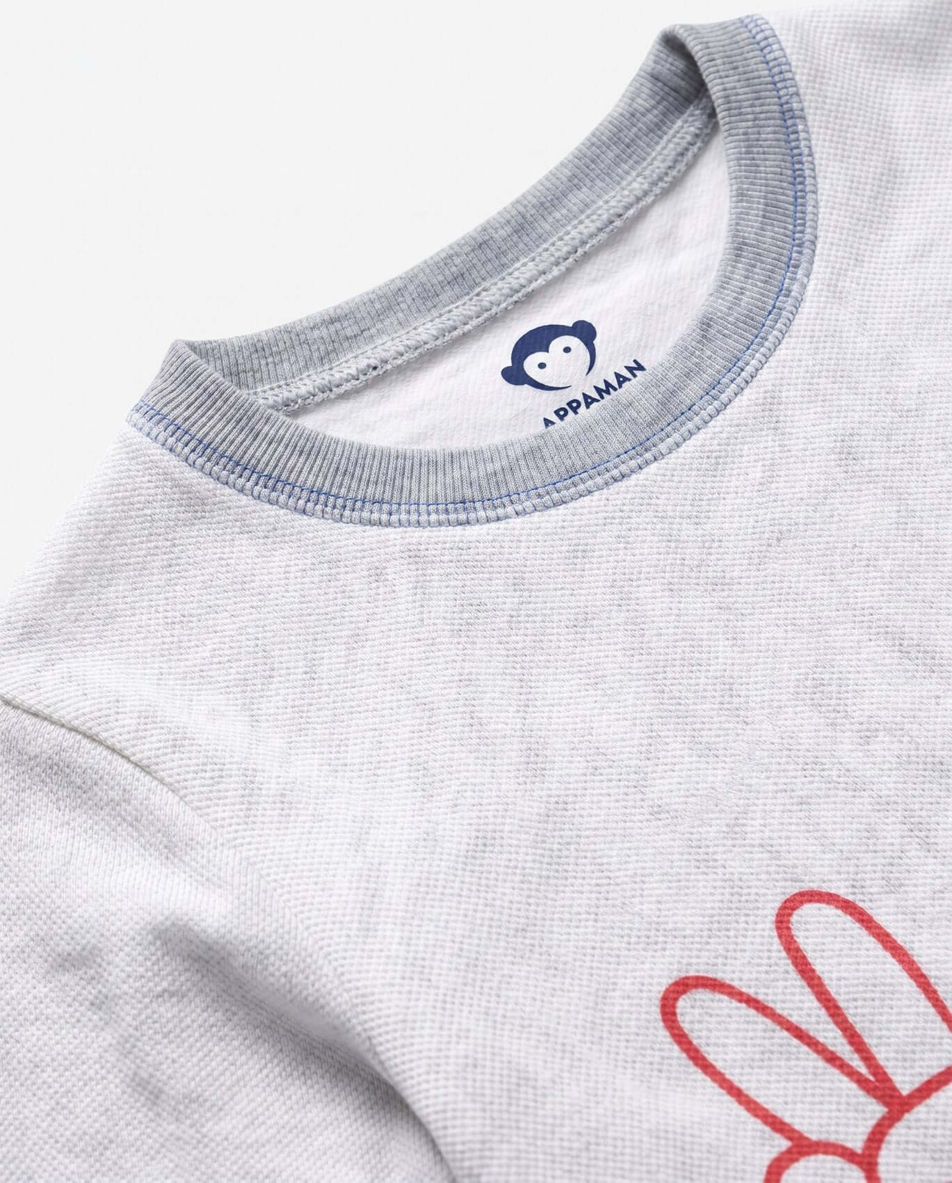 Close-up of a gray shirt with a red bunny design and Appaman logo on a white background