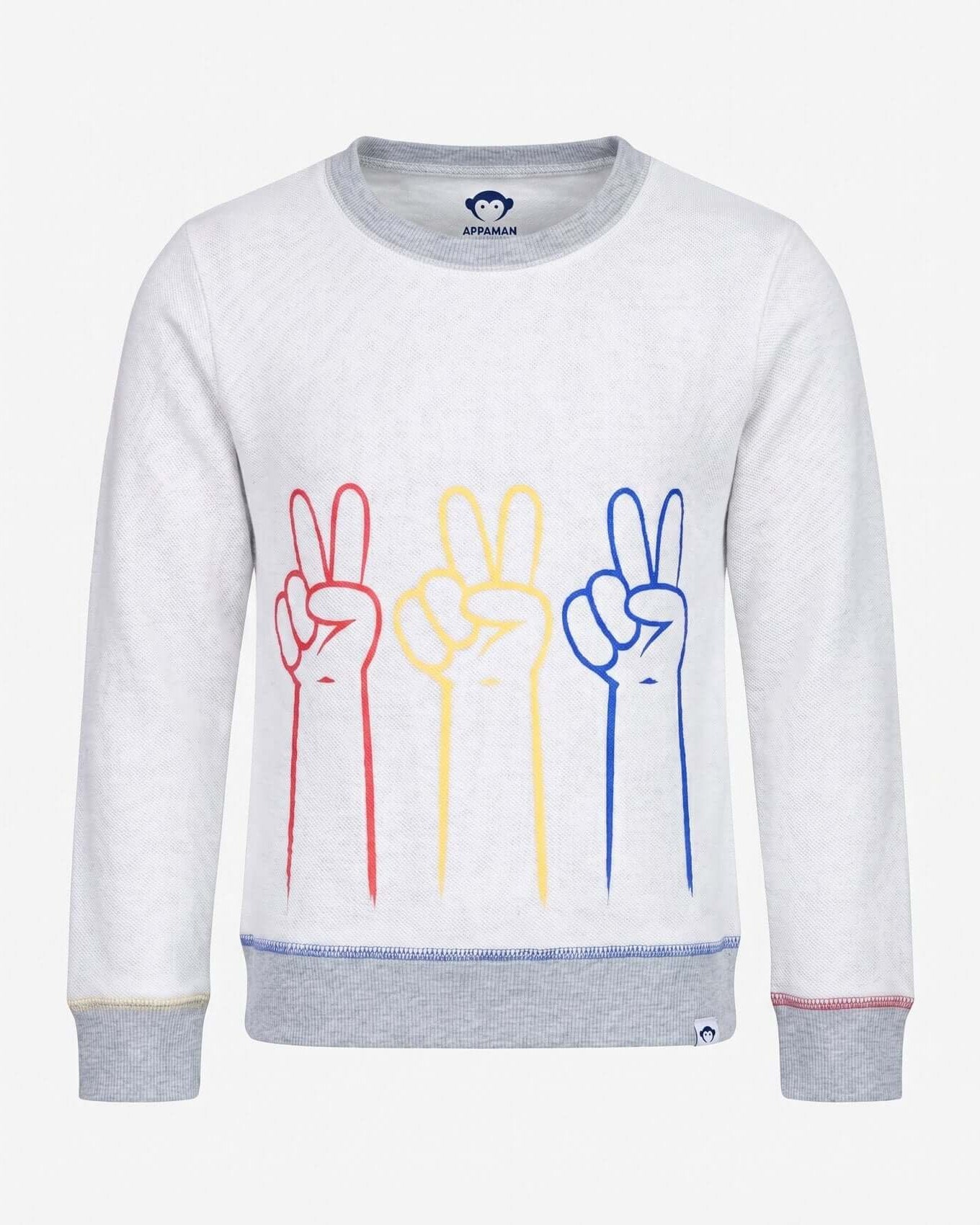 Gray sweatshirt with colorful peace sign designs on a white background