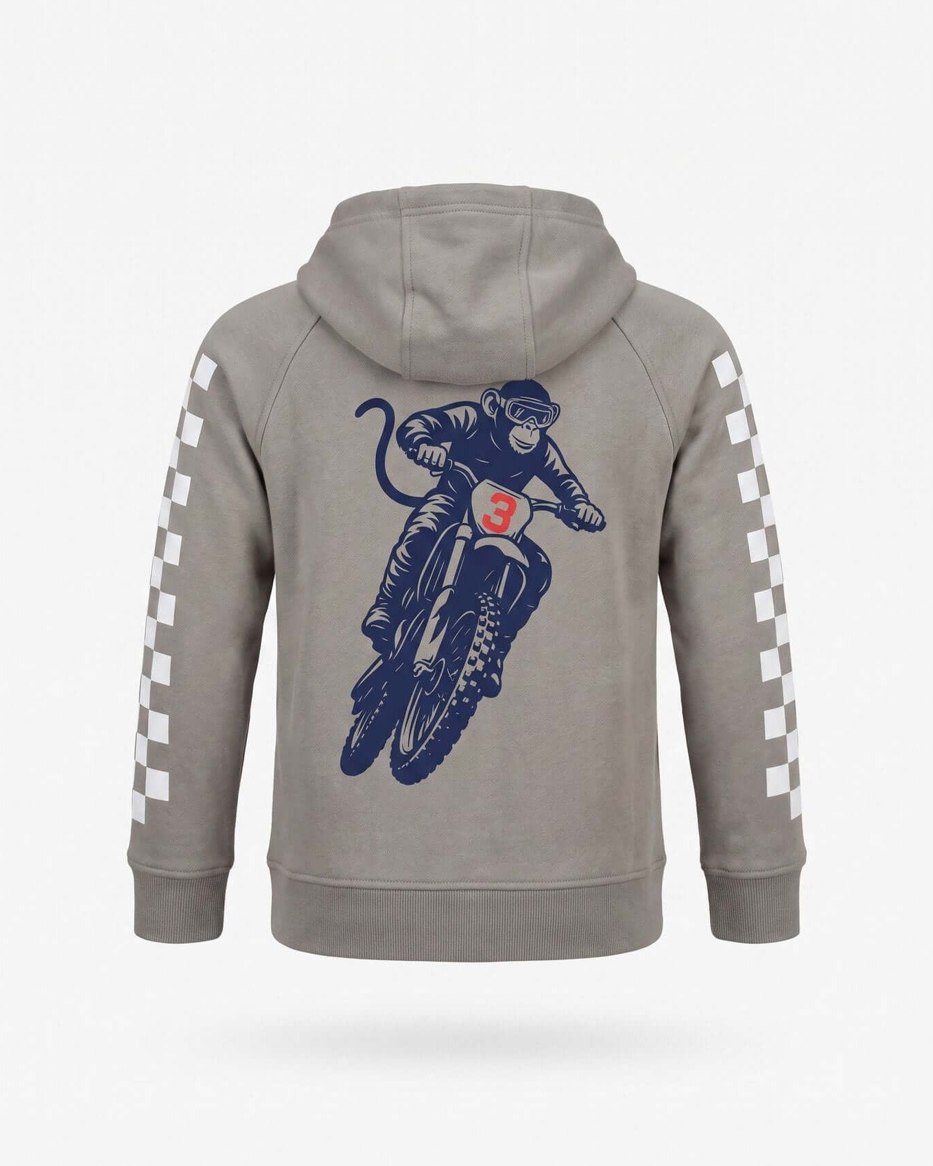 Gray hoodie with a graphic of a monkey on a bike on the back, on a white background