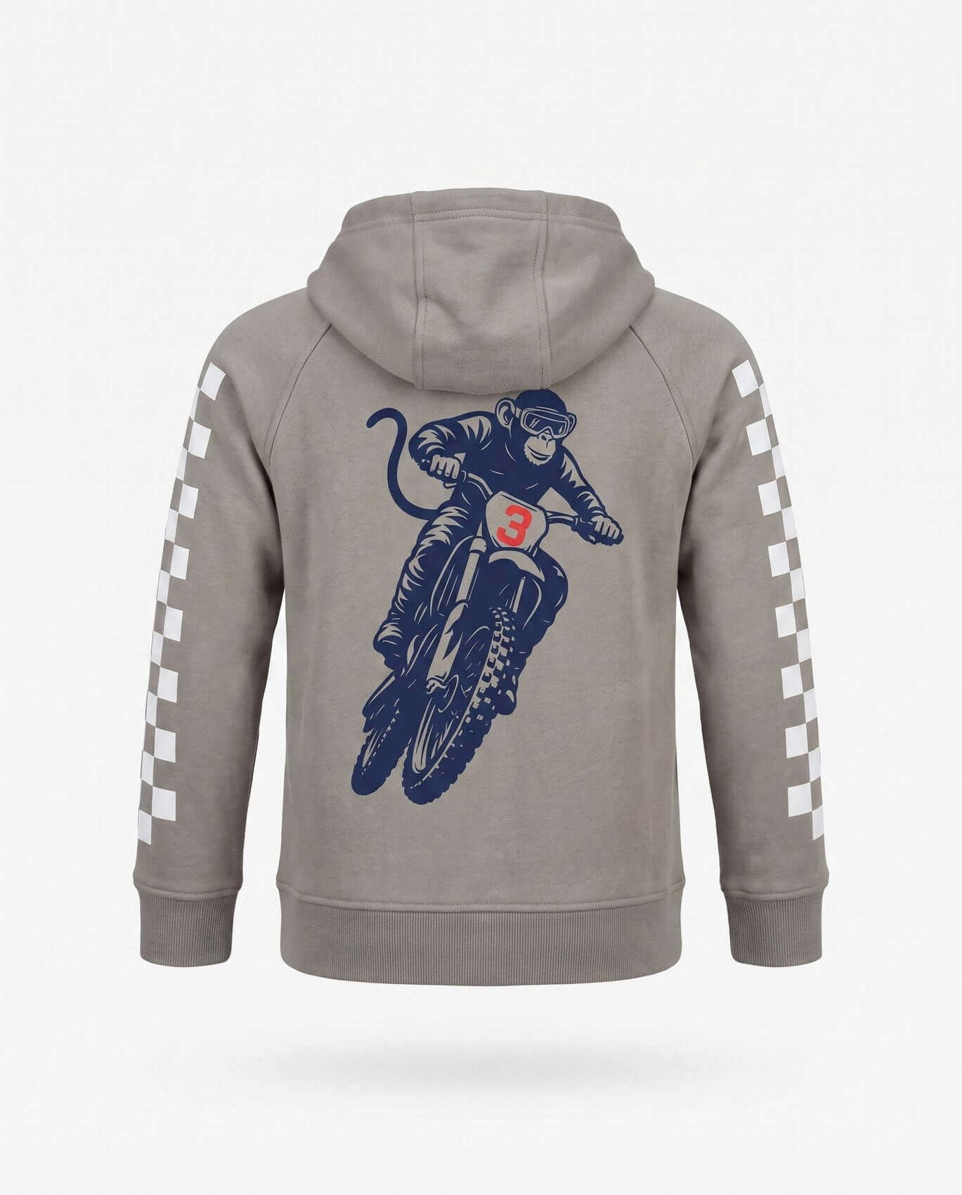 Gray hoodie with a graphic of a monkey on a bike on the back, on a white background