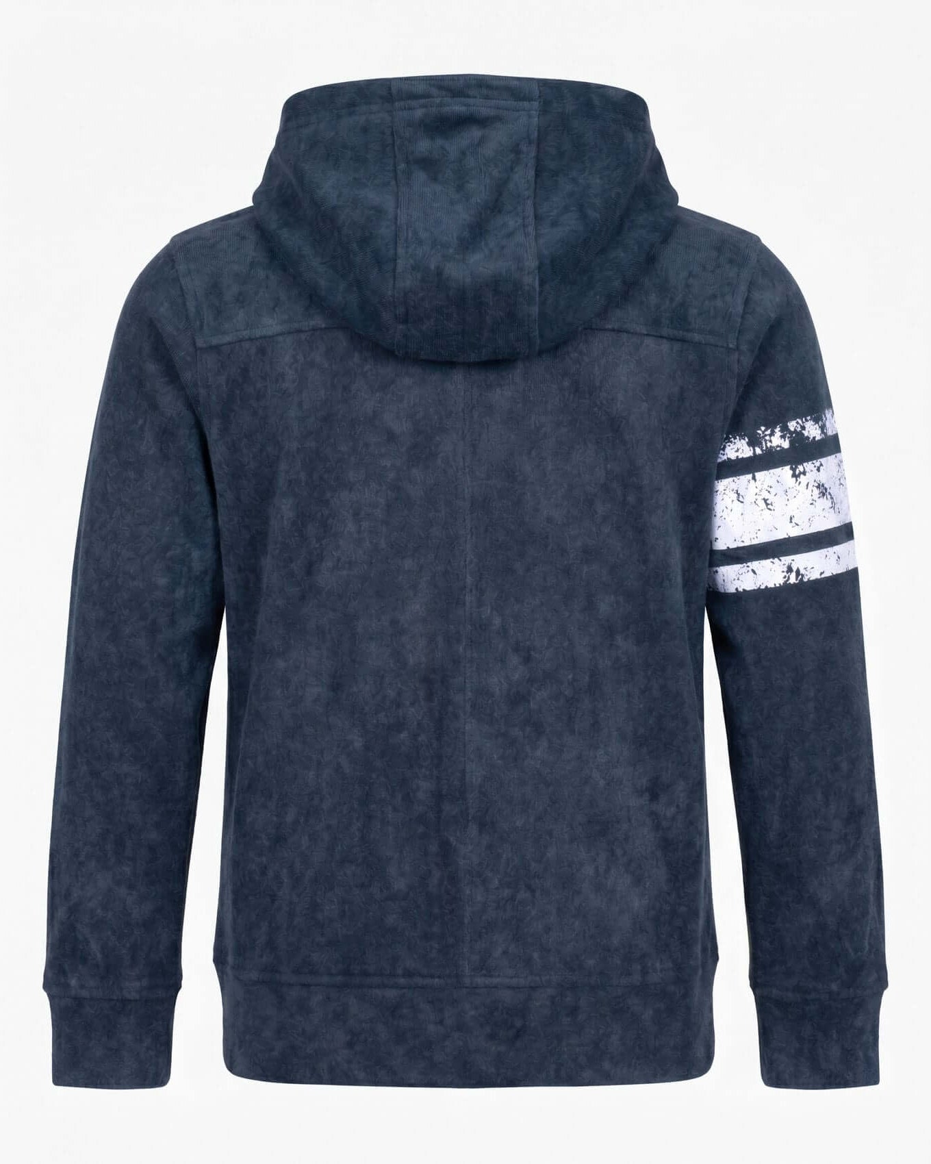 Blue hoodie with a white stripe on the sleeve against a white background