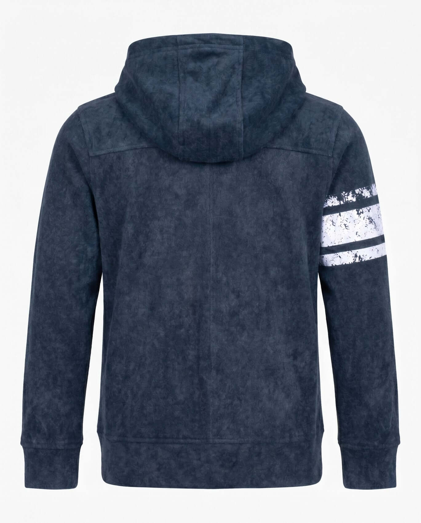 Blue hoodie with a white stripe on the sleeve against a white background