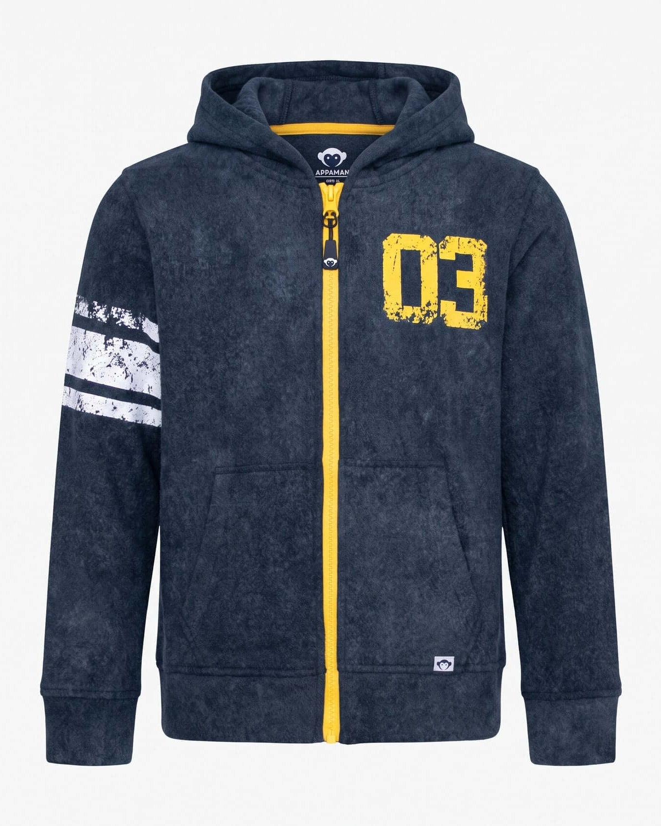 Navy blue hoodie with yellow zipper and '03' design on a white background