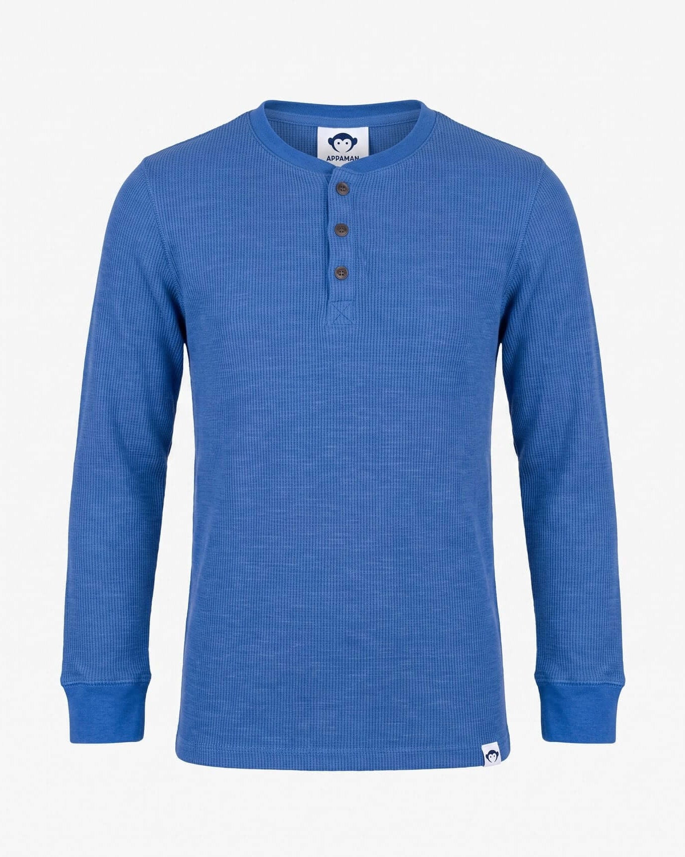 Blue long-sleeve shirt with buttons on a white background