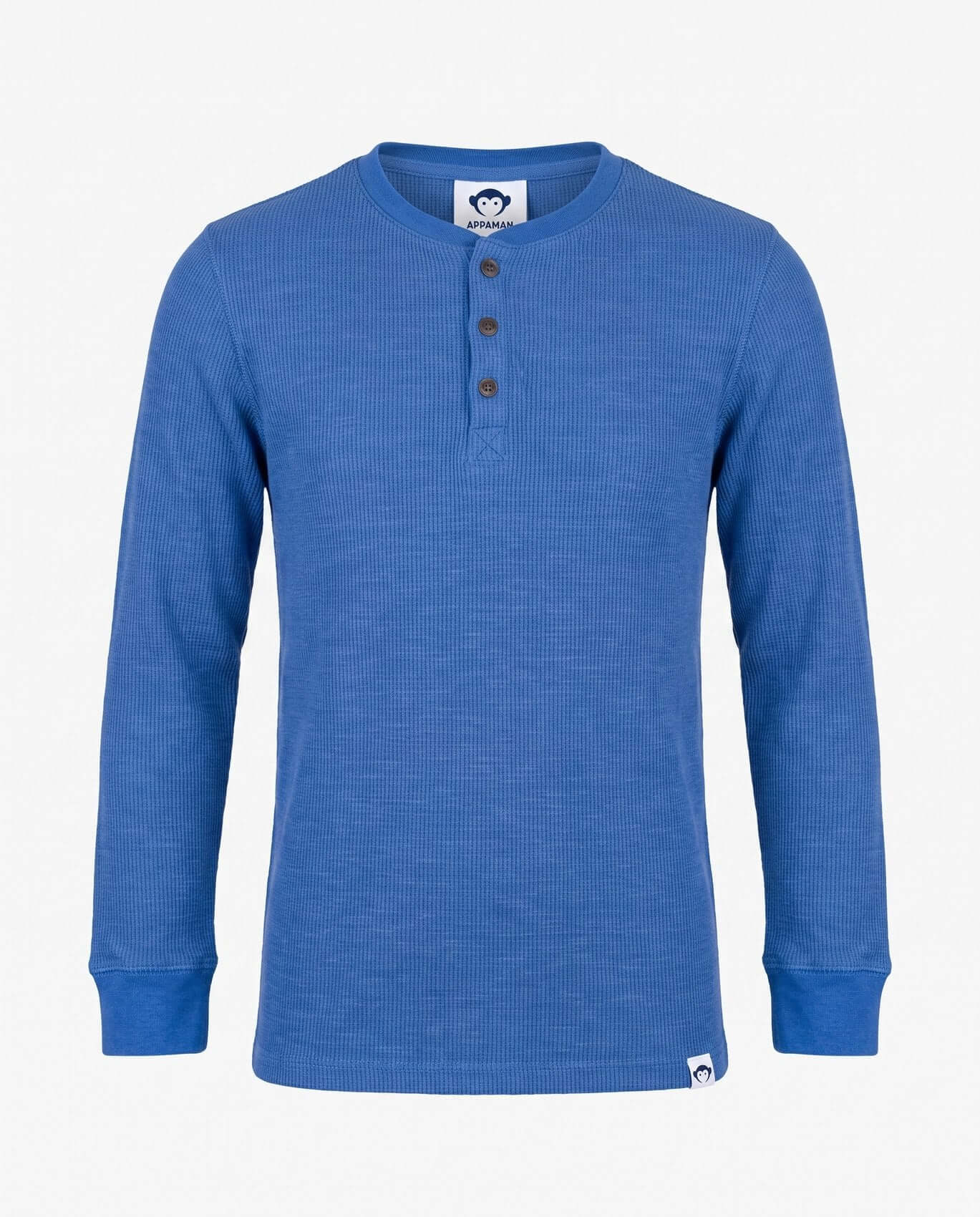 Blue long-sleeve shirt with buttons on a white background