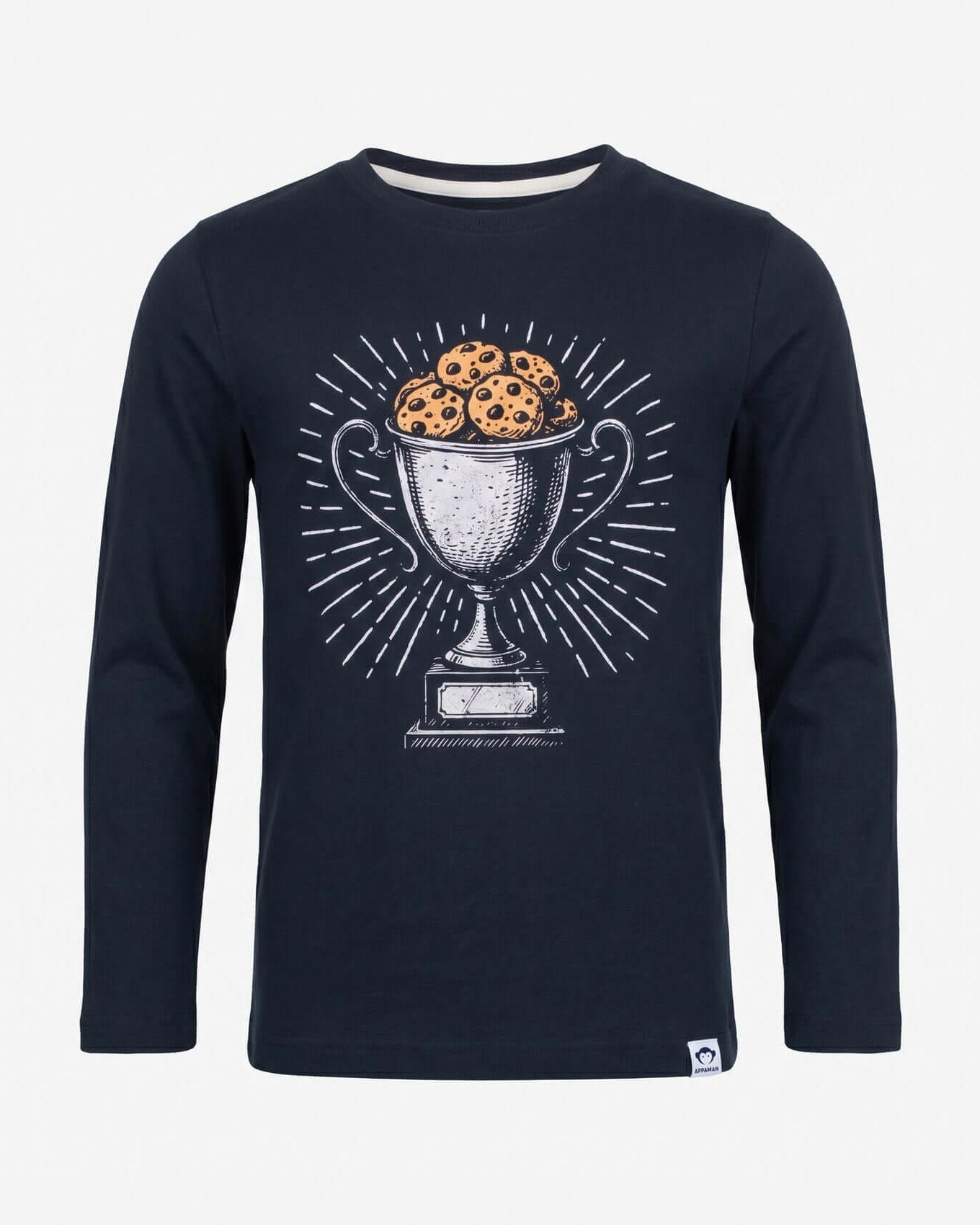 Black long-sleeve shirt with a graphic of a trophy filled with cookies on a white background