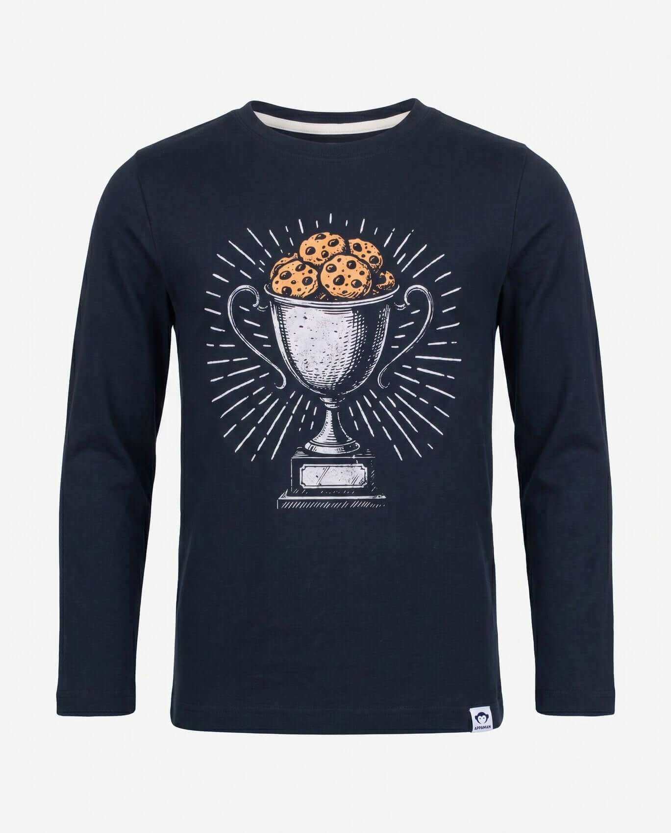 Black long-sleeve shirt with a graphic of a trophy filled with cookies on a white background