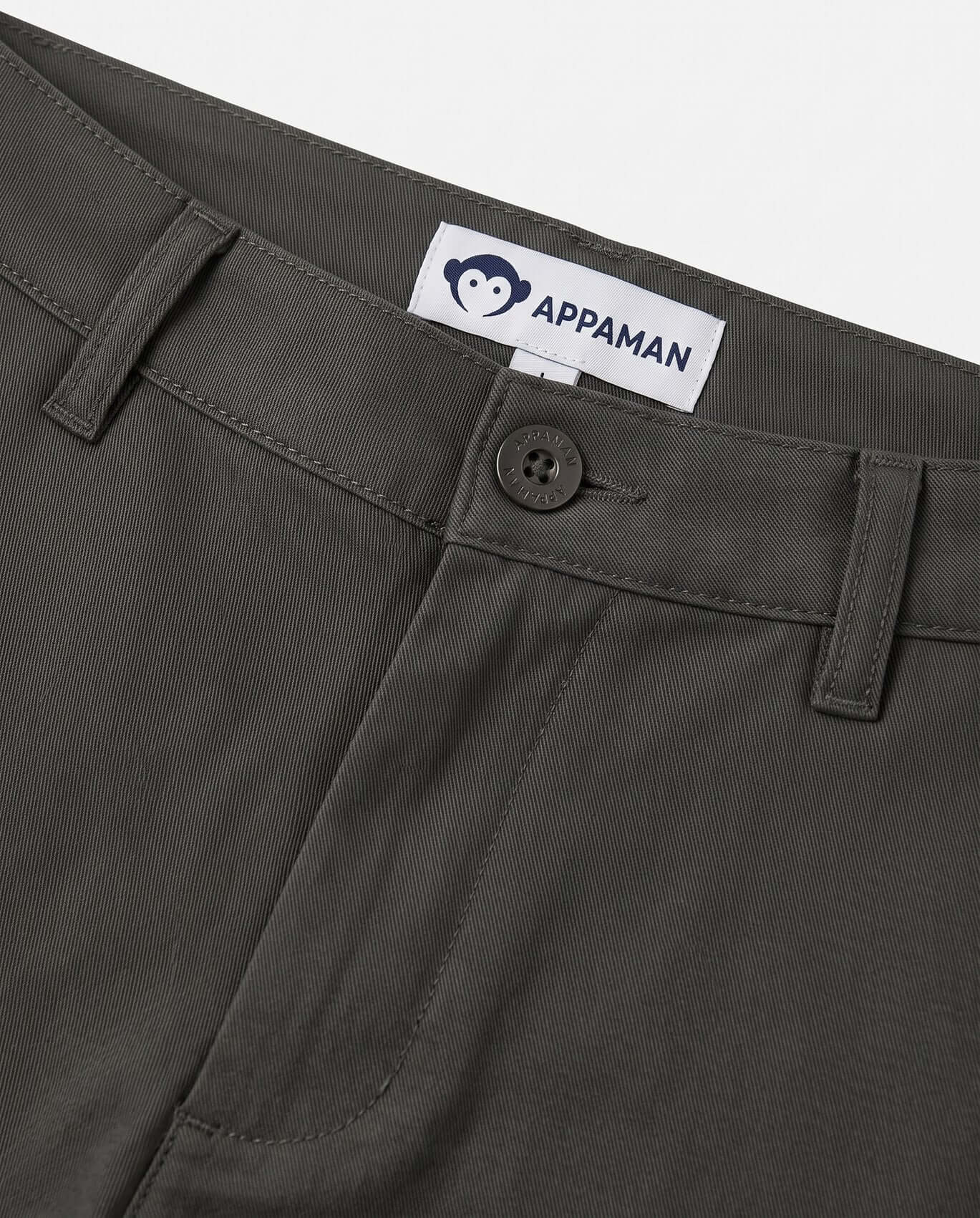 Close-up of dark gray pants with Appaman label on a white background