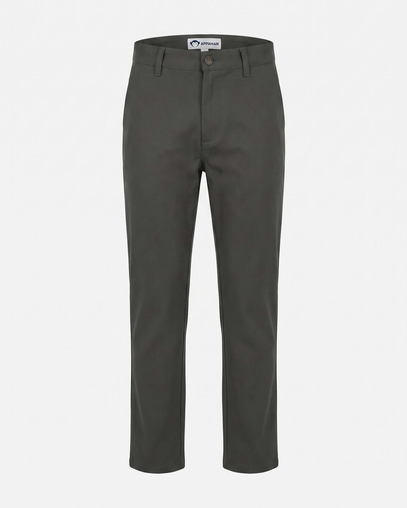 Dark gray pants on a white background with a brand label.