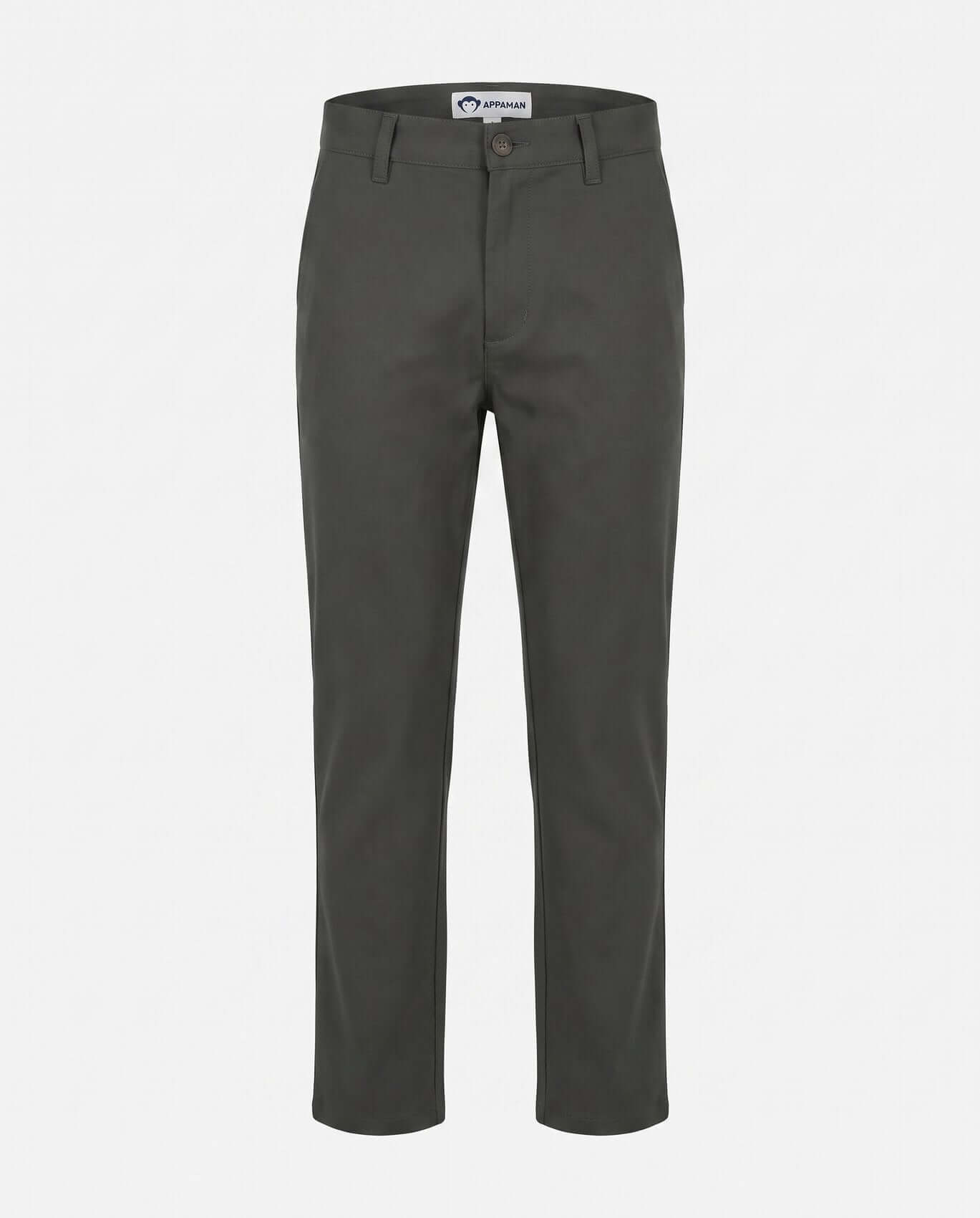 Dark gray pants on a white background with a brand label.
