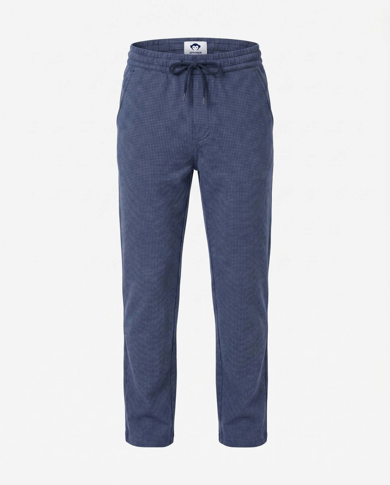Blue checkered pants with a drawstring on a white background