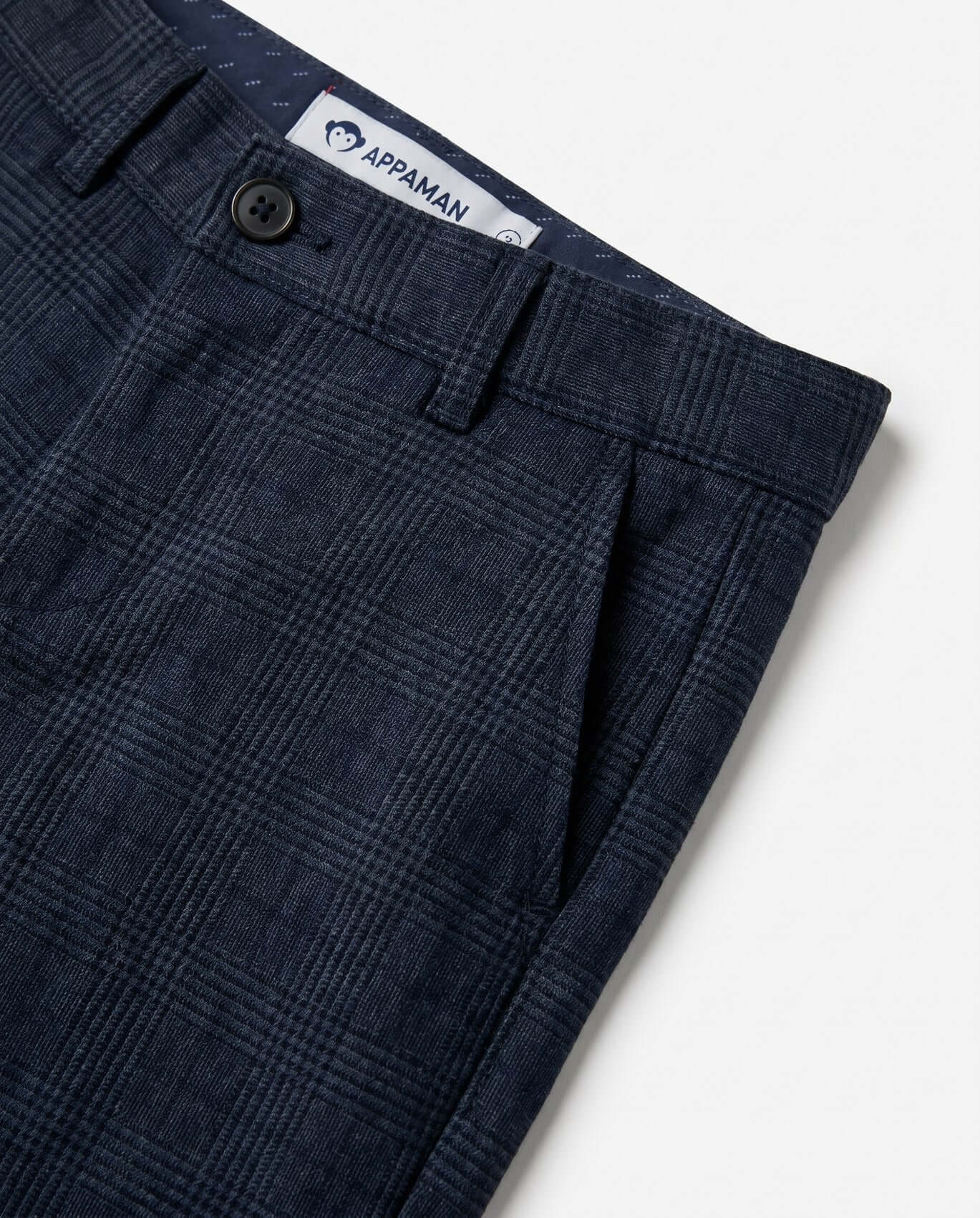 Close-up of navy plaid pants with Appaman label on a white background